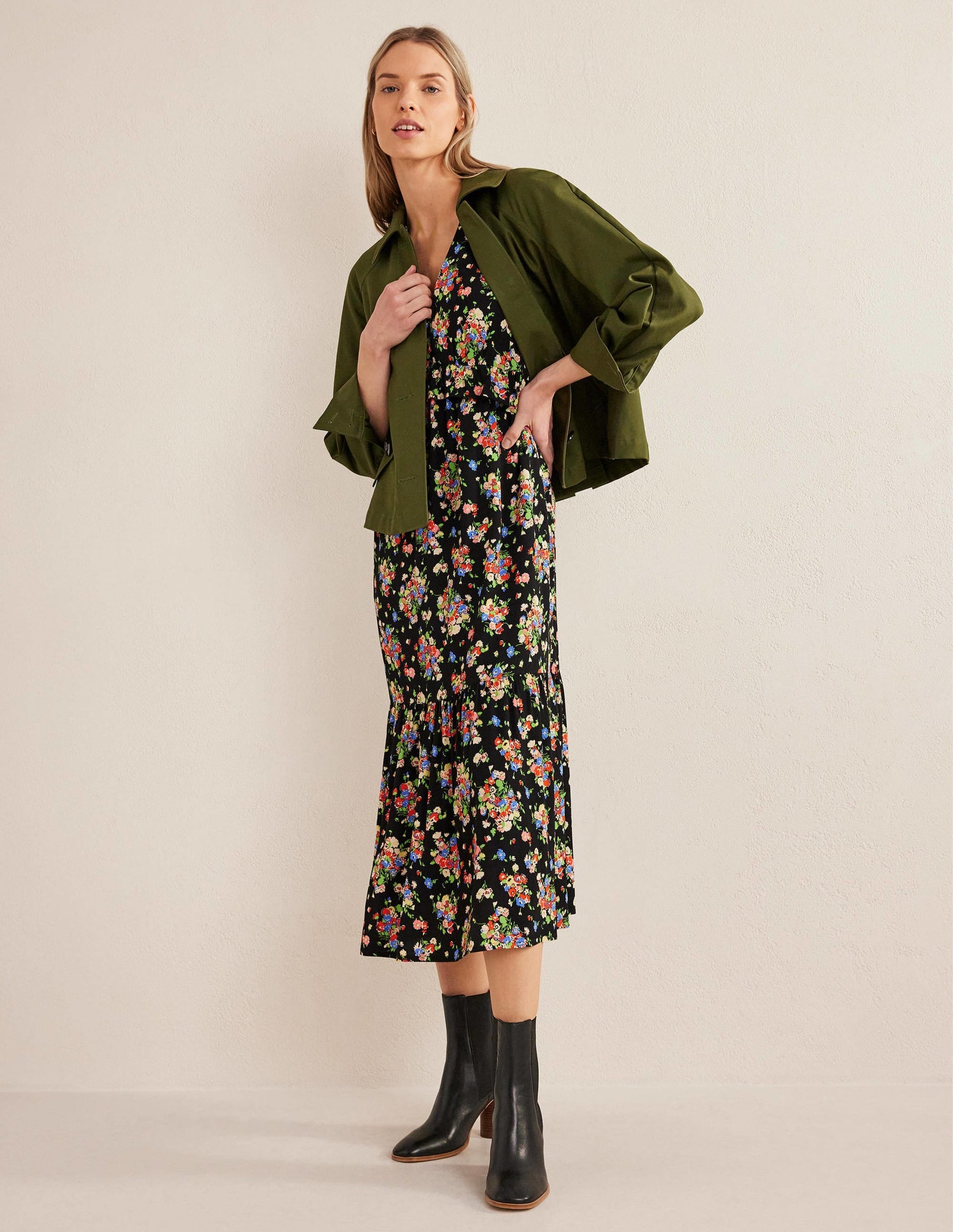 Ruffle Detail Midi Tea Dress-Black, Wild Cluster-4