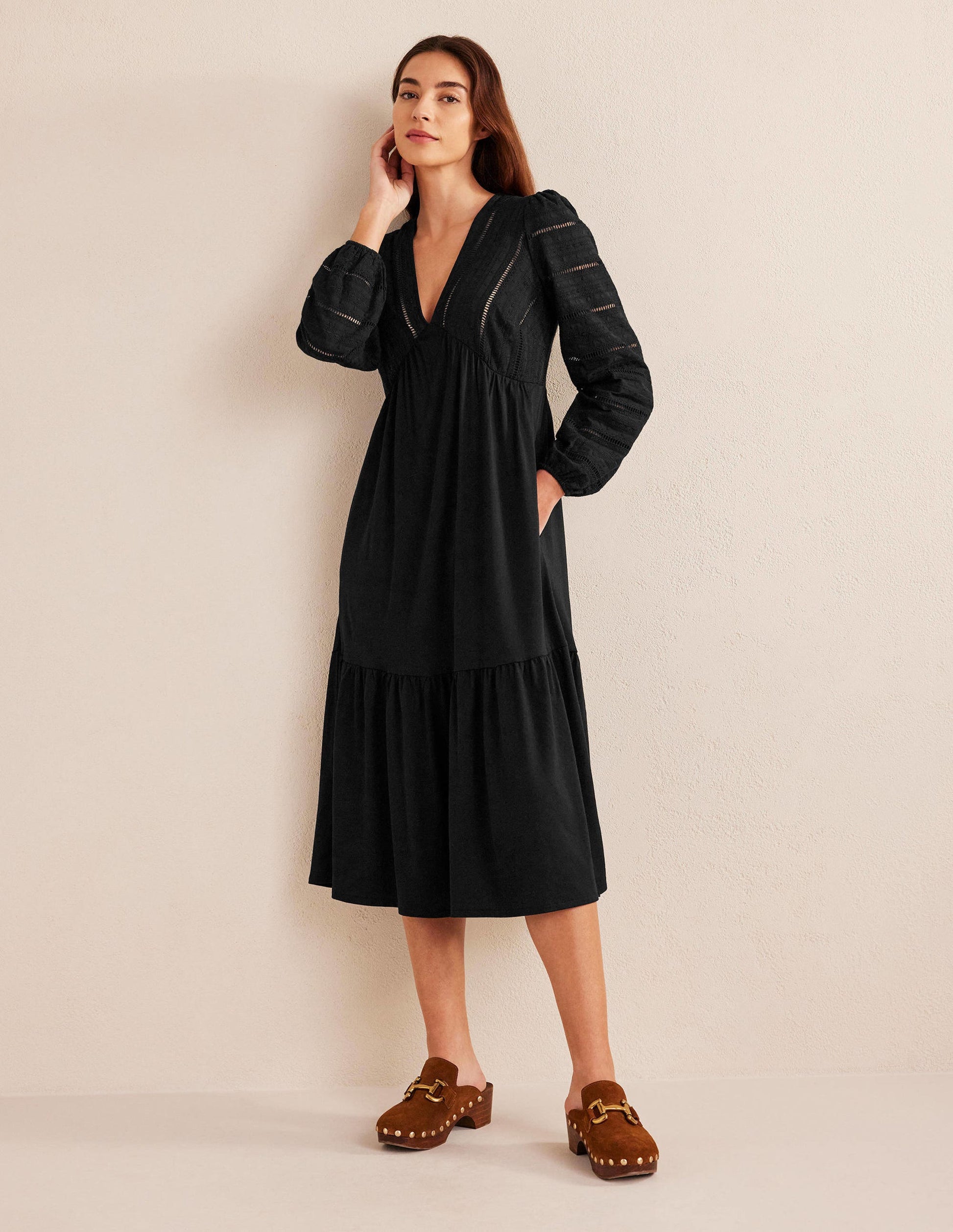 Woven Mix Midi Jersey Dress-Black-1