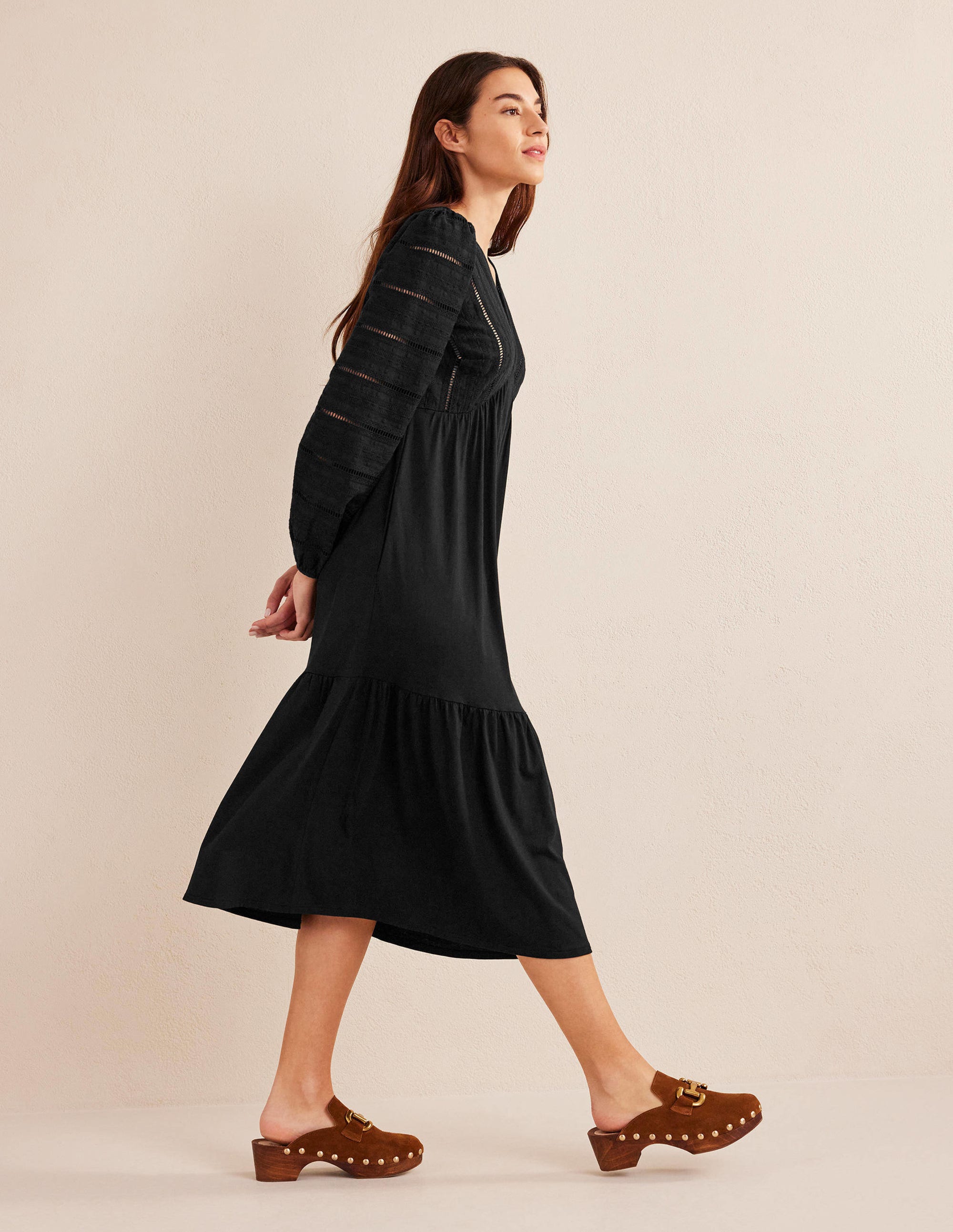 Woven Mix Midi Jersey Dress-Black - Image 4
