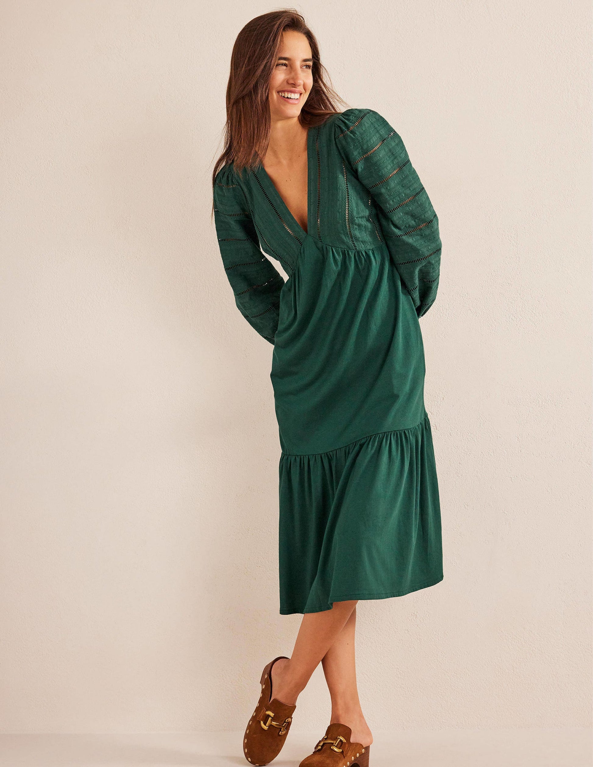 Woven Mix Midi Jersey Dress-Emerald Night-1