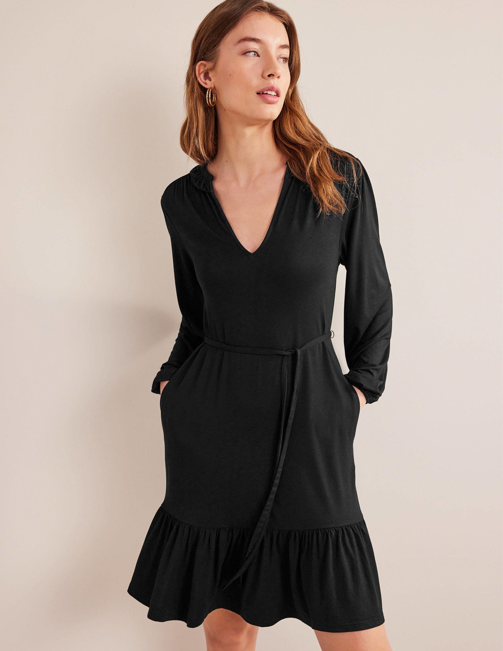 Notch Neck Jersey Dress-Black - Image 1
