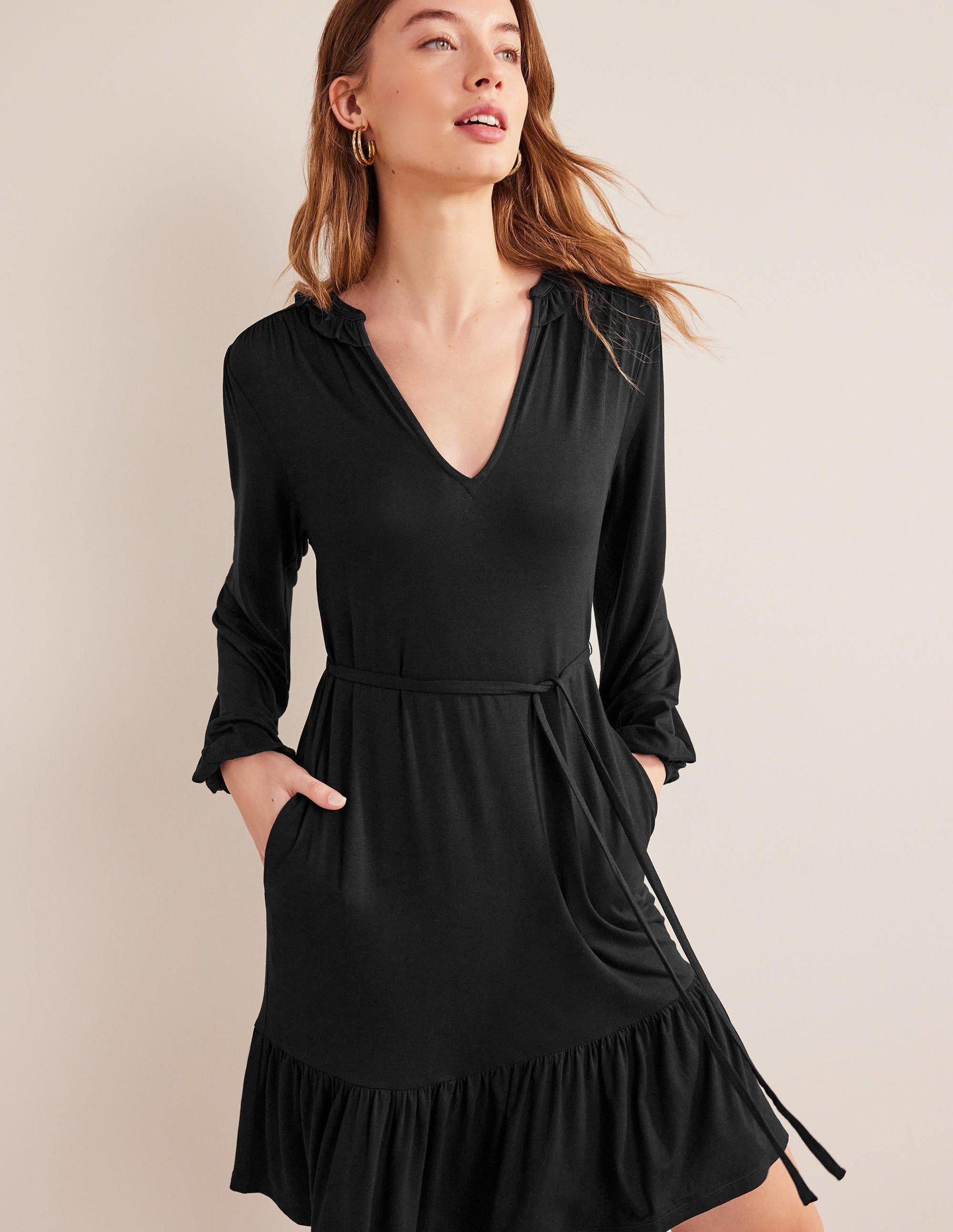 Notch Neck Jersey Dress-Black-4