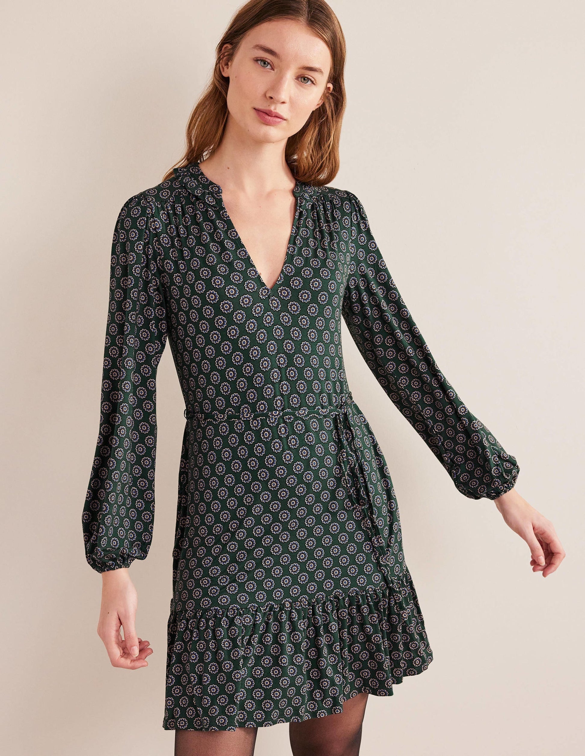 Notch Neck Jersey Dress-Green, Sunflower Geo-1