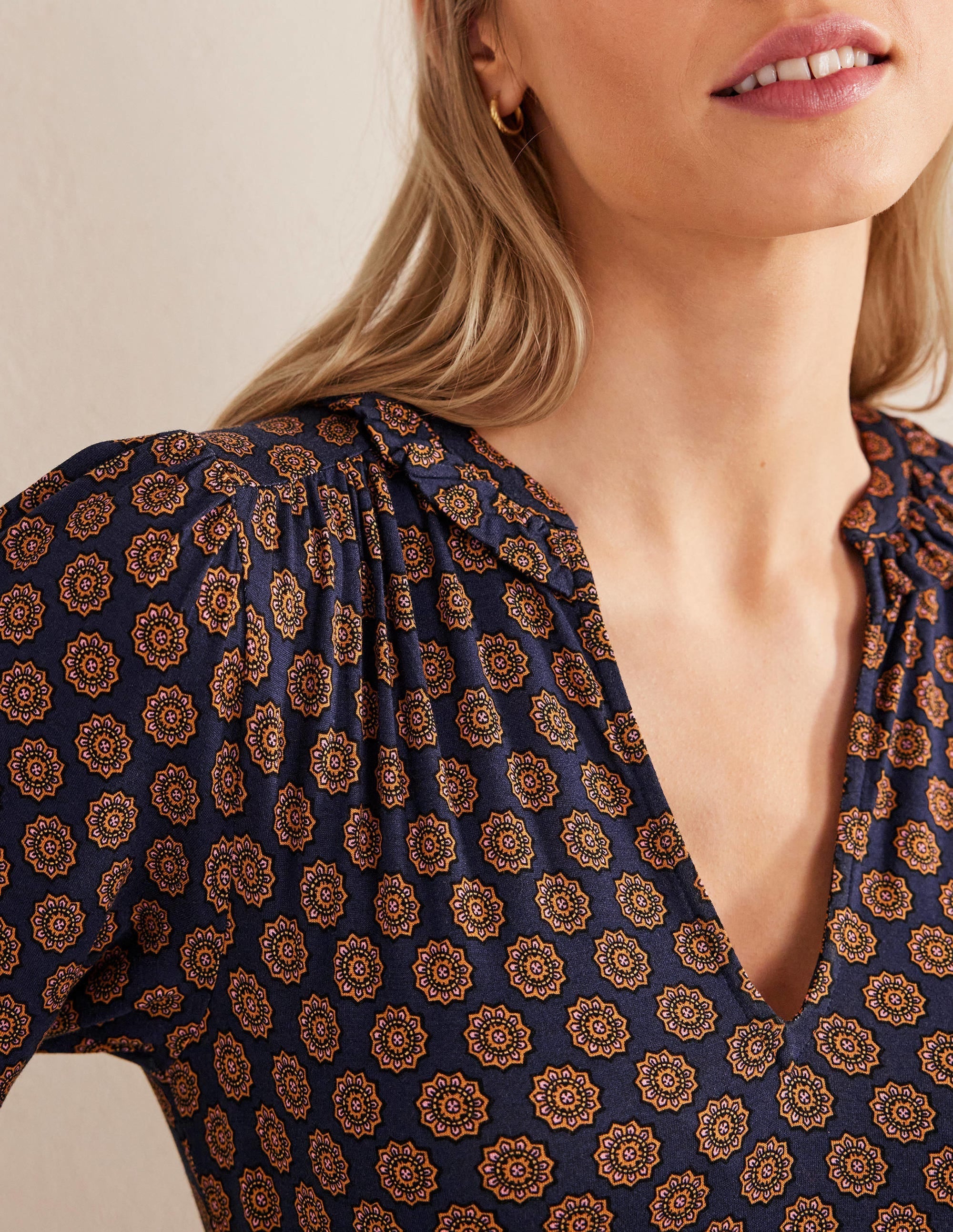 Notch Neck Jersey Dress-French Navy,  Sunflower Geo - Image 2