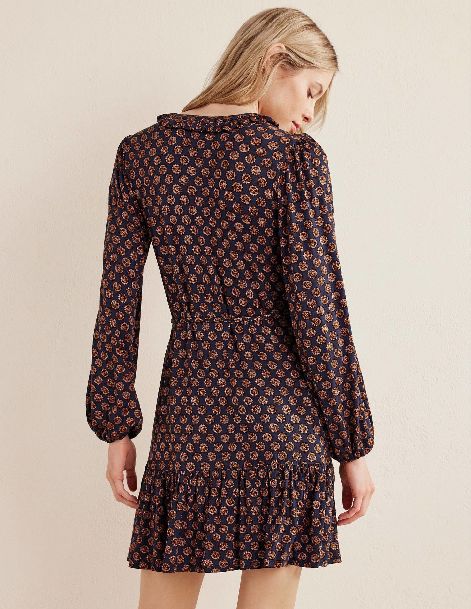 Notch Neck Jersey Dress-French Navy,  Sunflower Geo-3