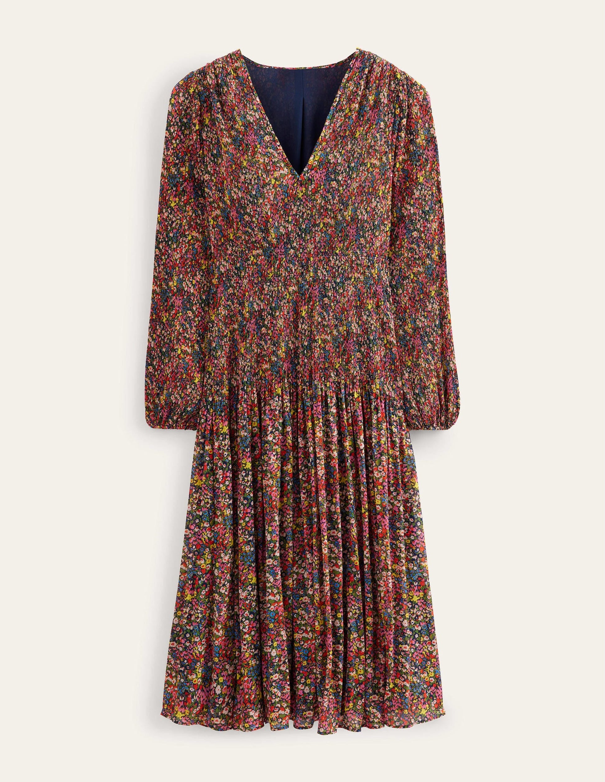 V-neck Plisse Midi Dress-Multi, Gardenia Petal-5