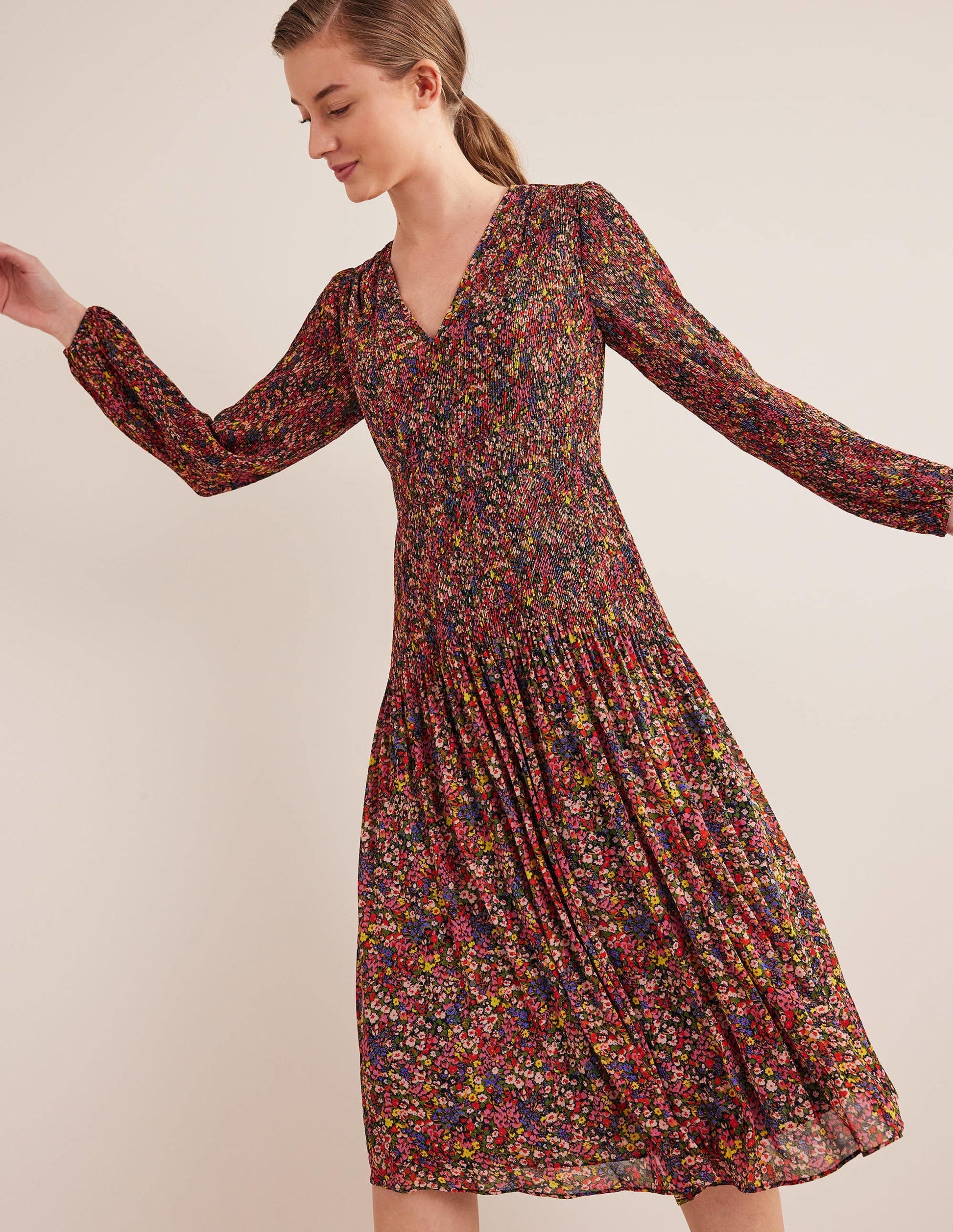 V-neck Plisse Midi Dress-Multi, Gardenia Petal-1
