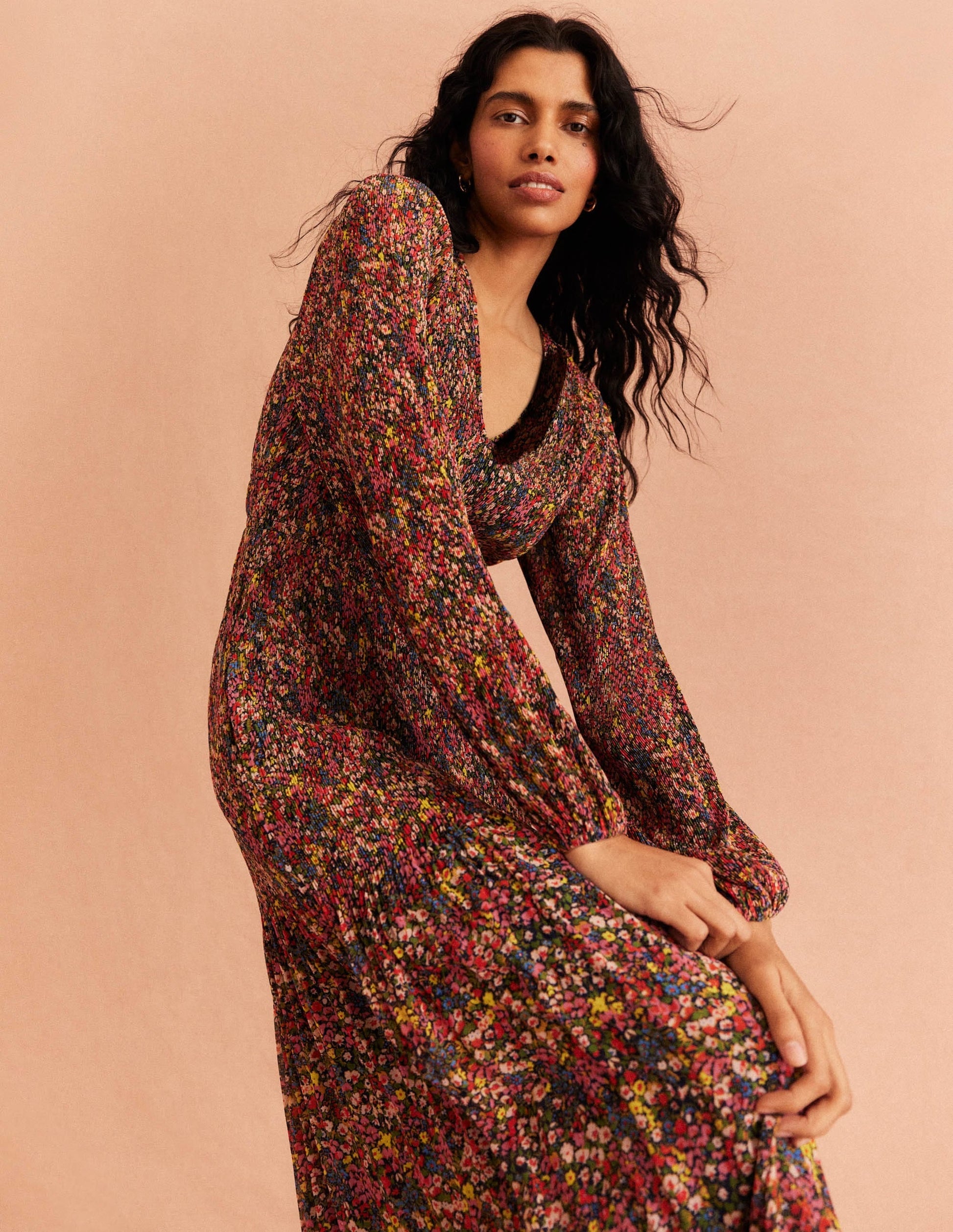 V-neck Plisse Midi Dress-Multi, Gardenia Petal-3