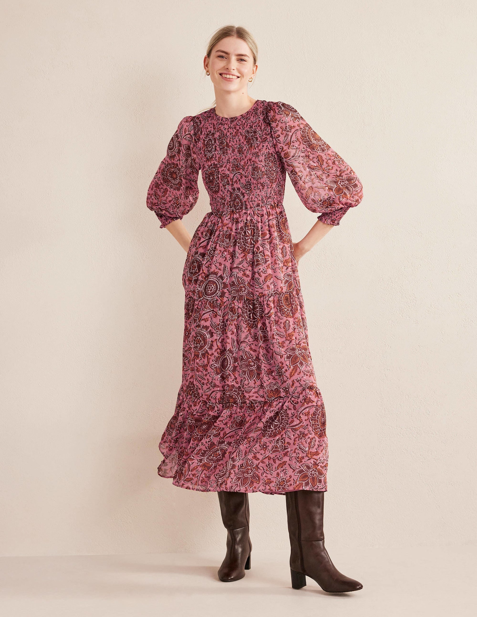 Metallic Smocked Maxi Dress-Faded Rose, Floral Tapestry - Image 1