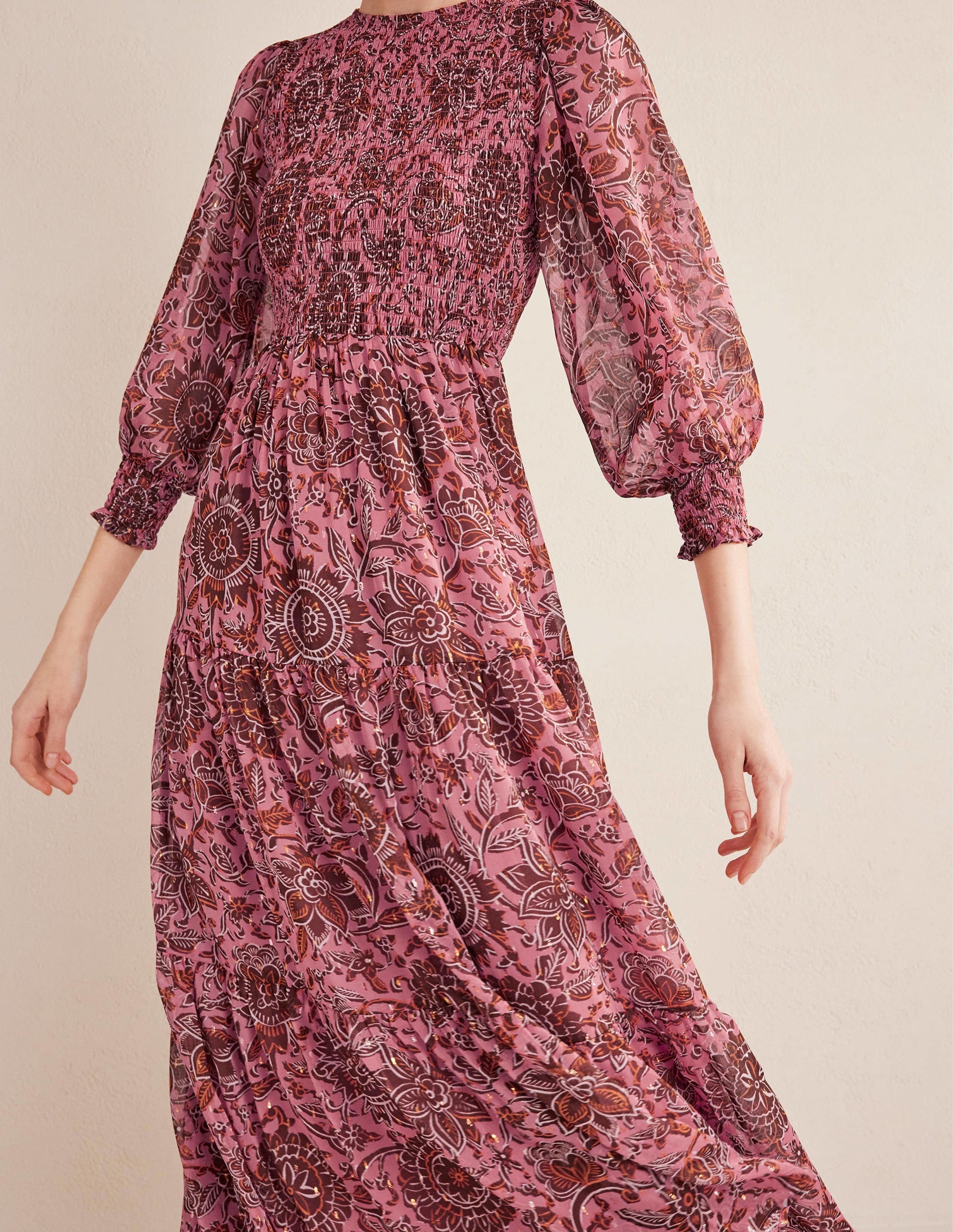 Metallic Smocked Maxi Dress-Faded Rose, Floral Tapestry - Image 2