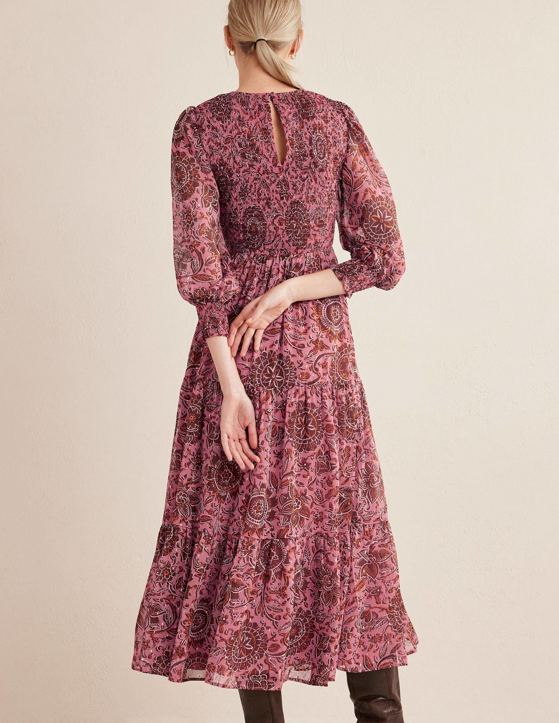 Metallic Smocked Maxi Dress-Faded Rose, Floral Tapestry-3