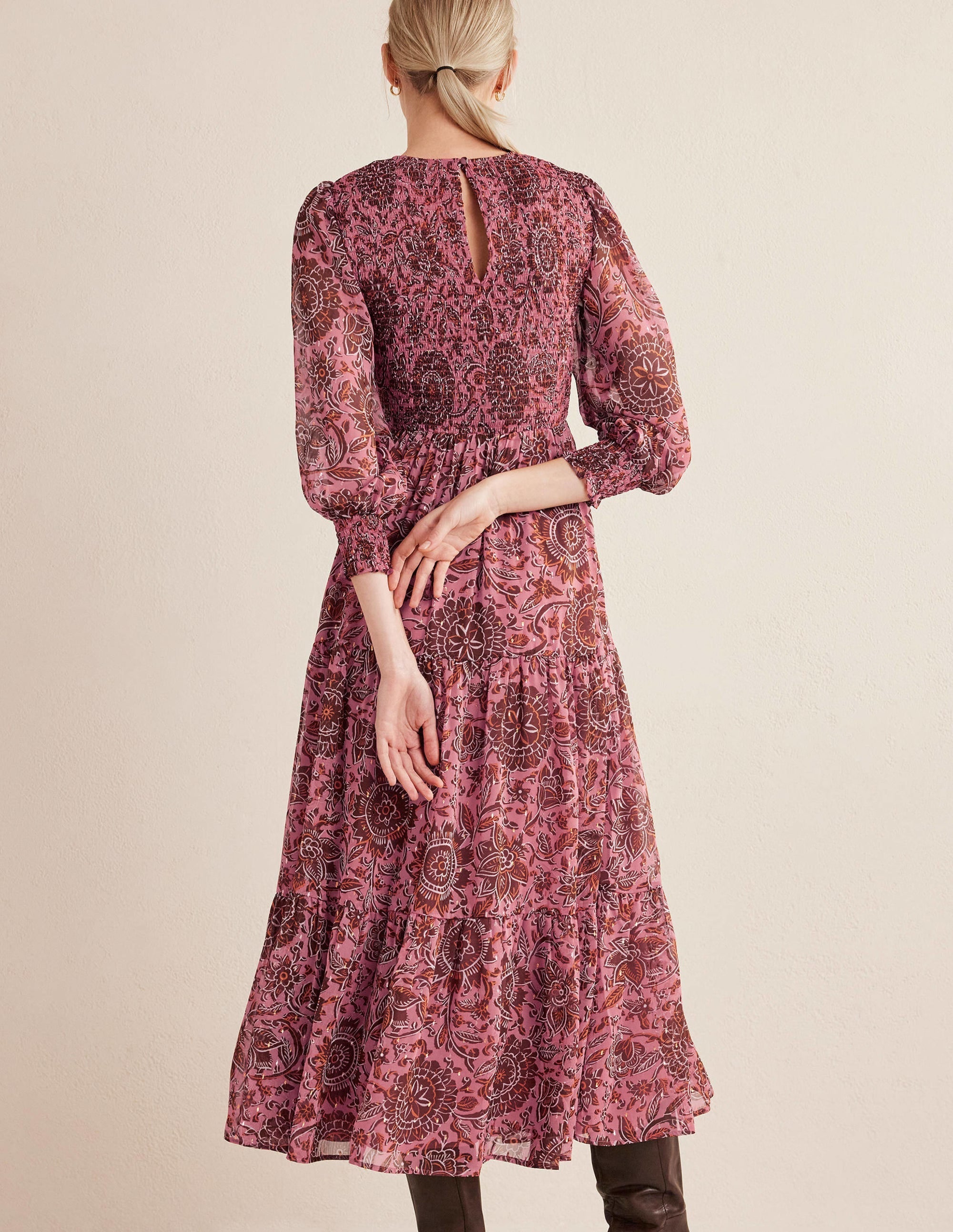 Metallic Smocked Maxi Dress-Faded Rose, Floral Tapestry - Image 3