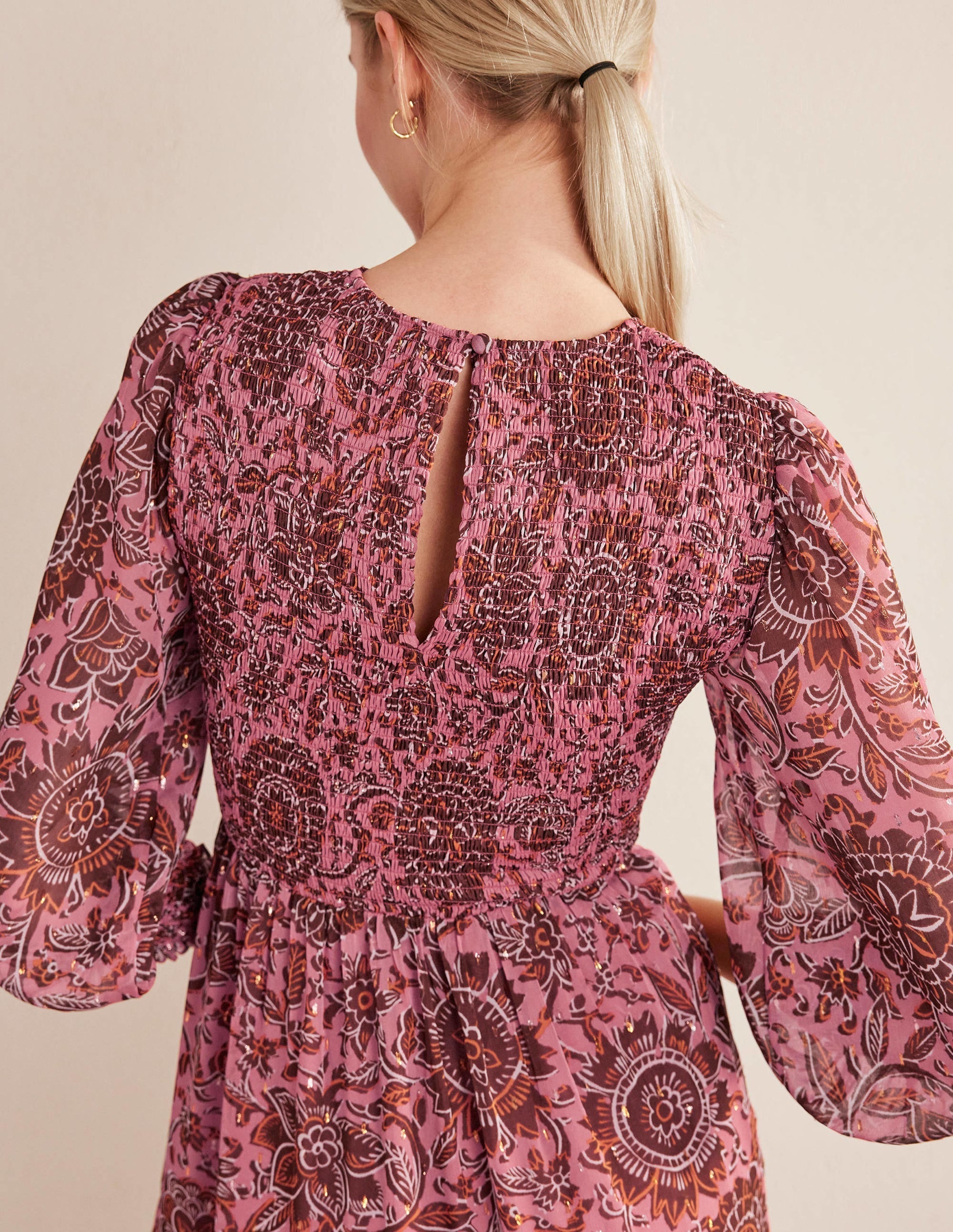 Metallic Smocked Maxi Dress-Faded Rose, Floral Tapestry - Image 4
