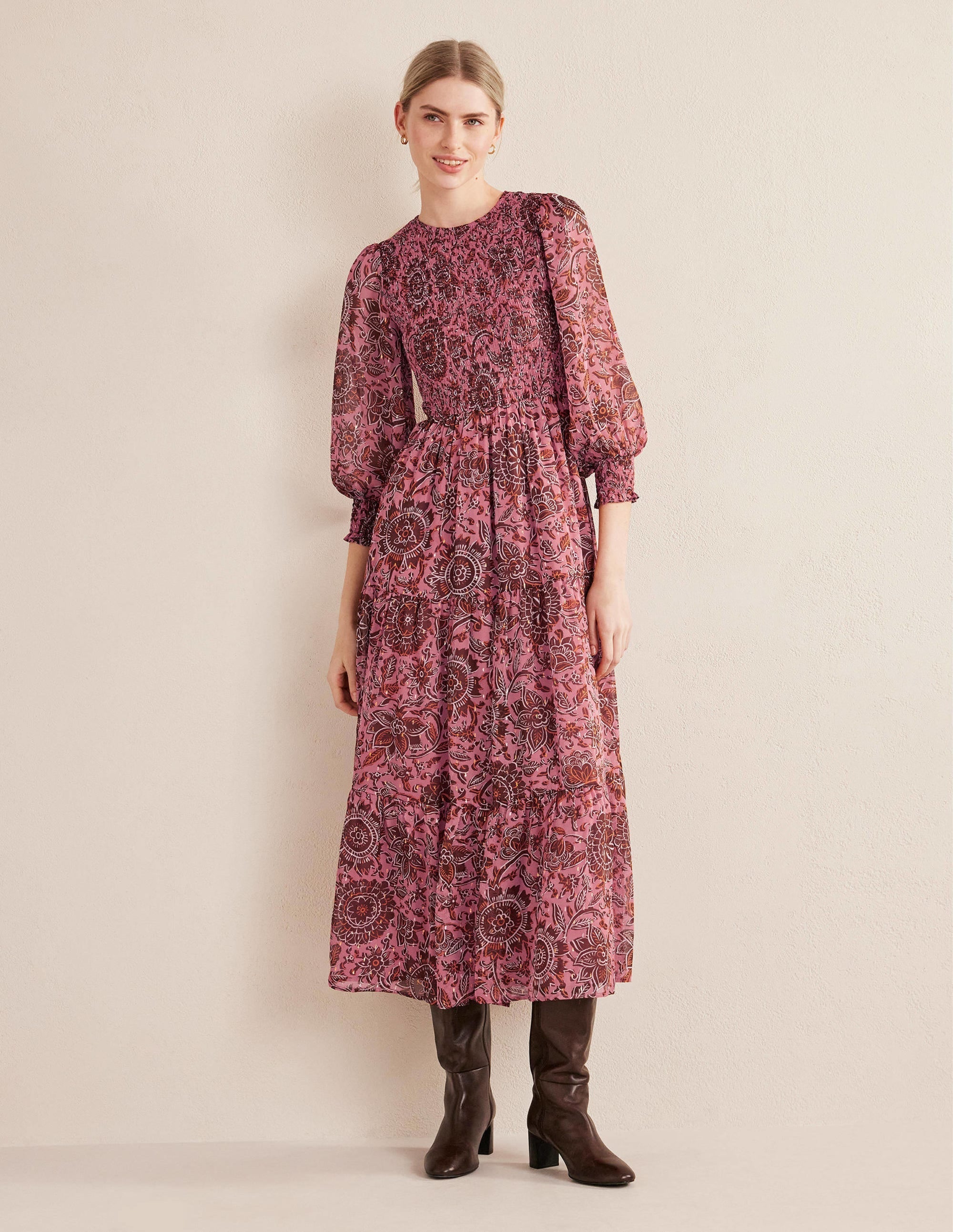 Metallic Smocked Maxi Dress-Faded Rose, Floral Tapestry - Image 5