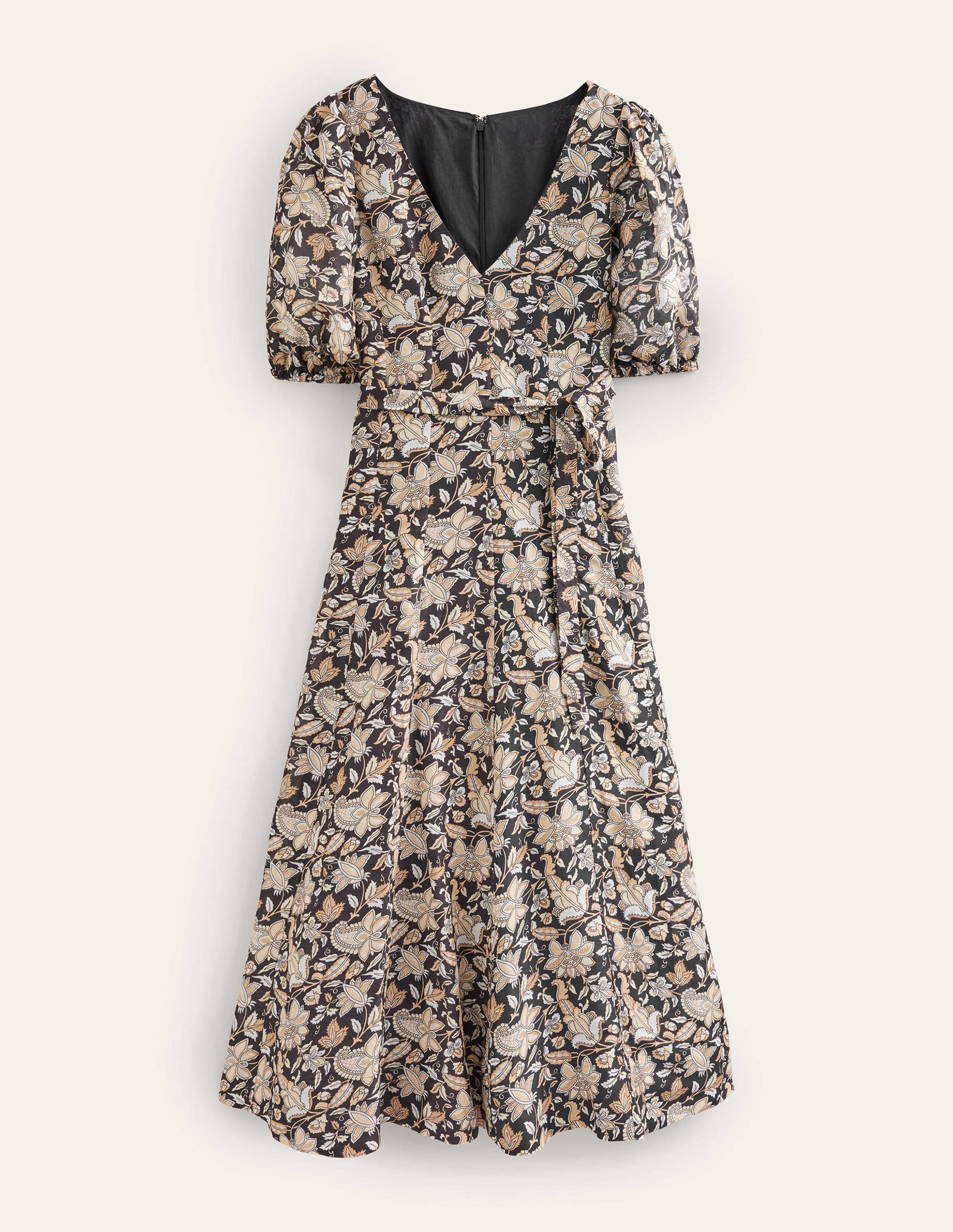 Full Skirt Panelled Midi Dress-Black, Paisley Vine-5