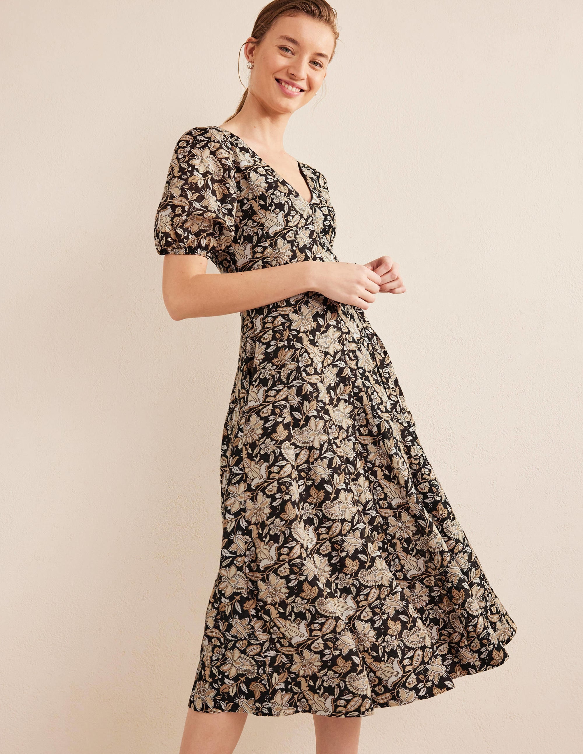 Full Skirt Panelled Midi Dress-Black, Paisley Vine - Image 1