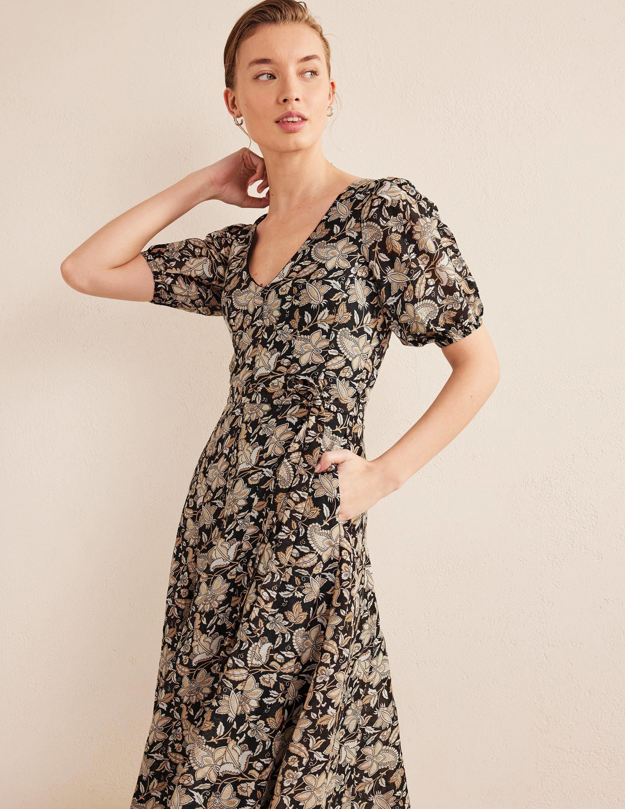 Full Skirt Panelled Midi Dress-Black, Paisley Vine - Image 2