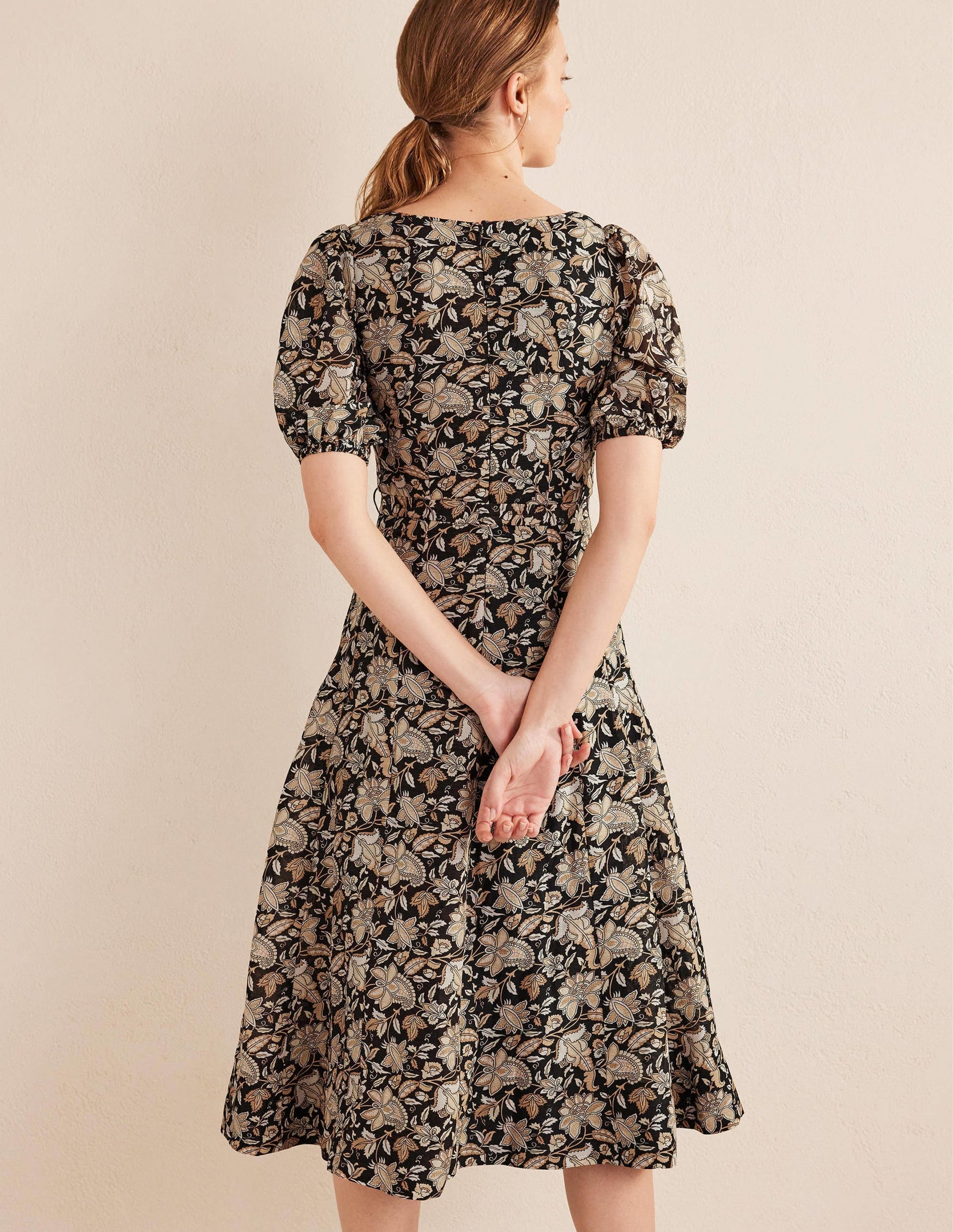 Full Skirt Panelled Midi Dress-Black, Paisley Vine-3
