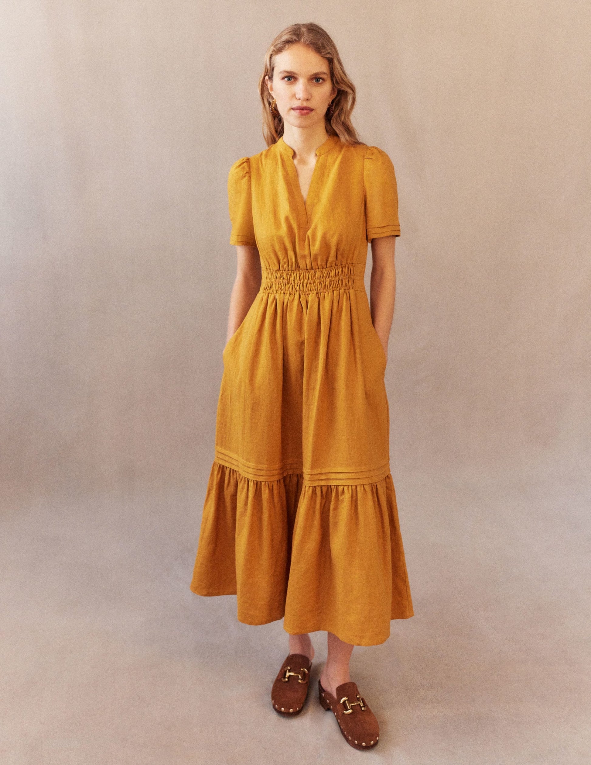 Pintuck Detail Midi Dress-Harvest Gold-6