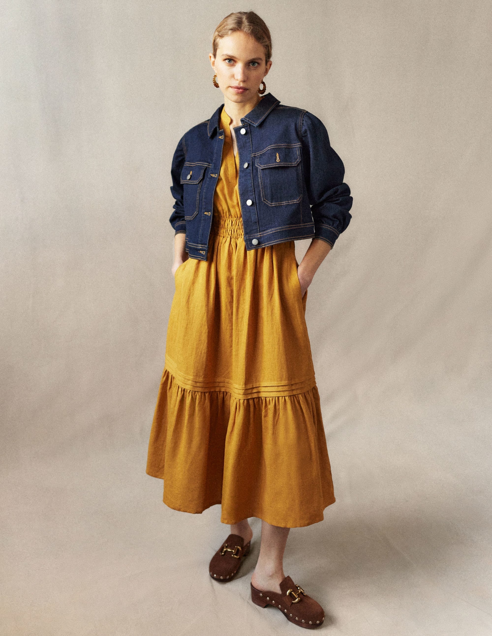 Pintuck Detail Midi Dress-Harvest Gold - Image 7