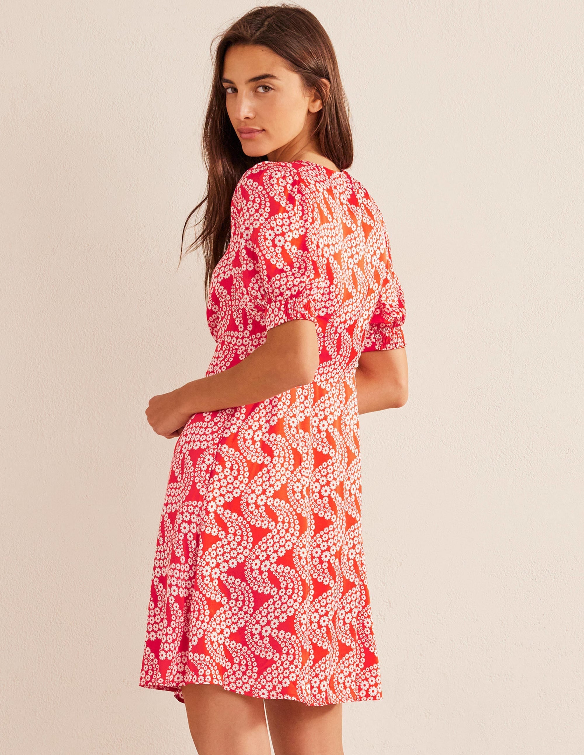 Satin Tea Dress-Red Alert, Daisy Swirl - Image 3