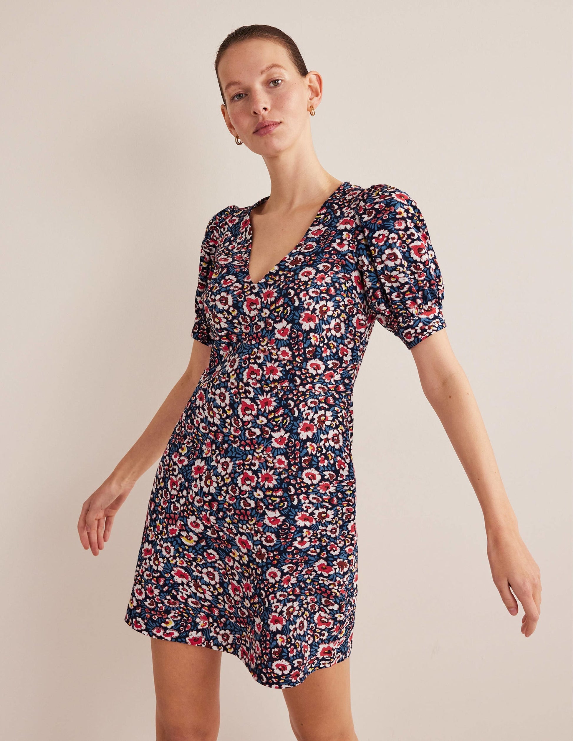 V-Neck Jersey Mini Dress-French Navy, Eden Bloom-1
