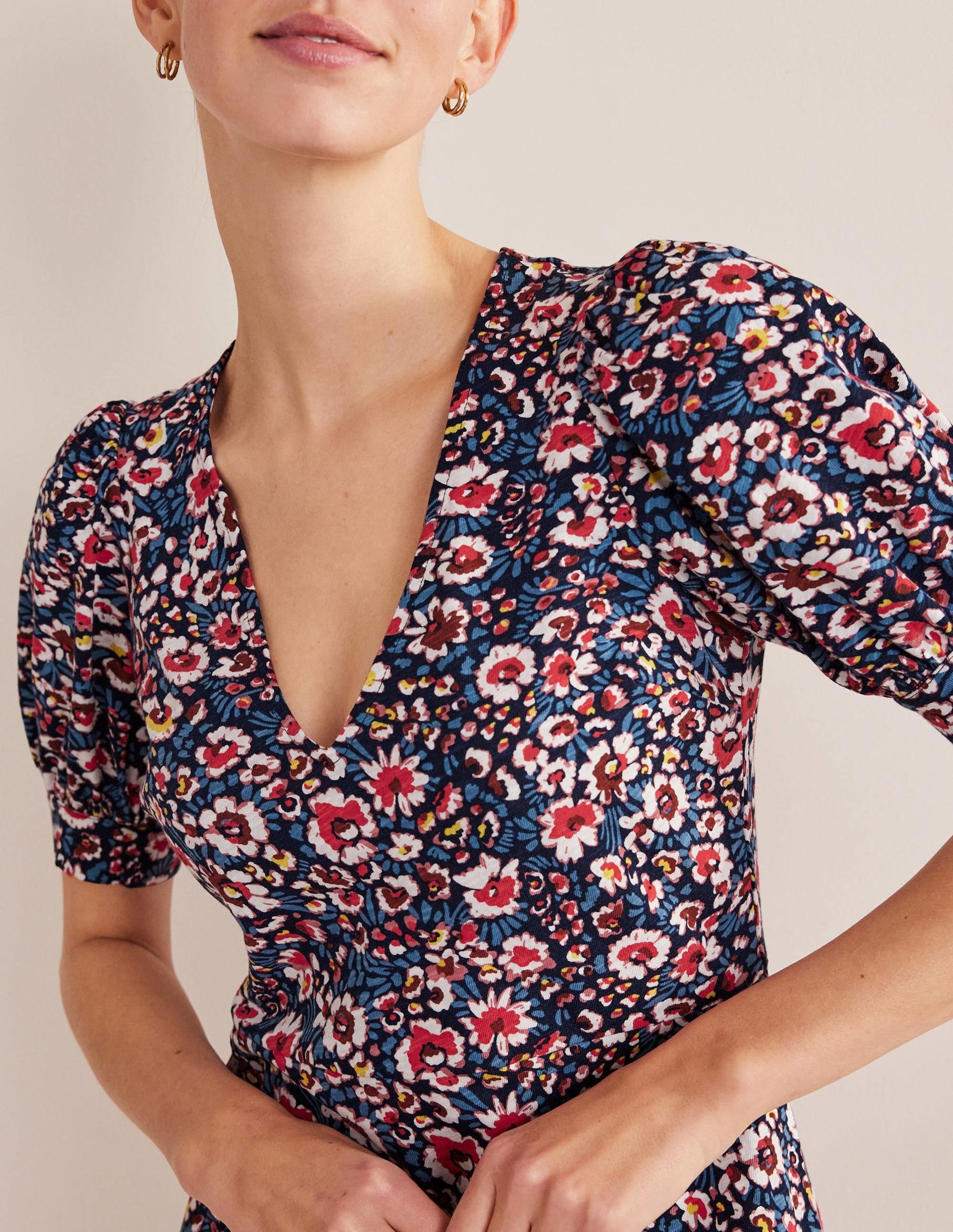 V-Neck Jersey Mini Dress-French Navy, Eden Bloom-2
