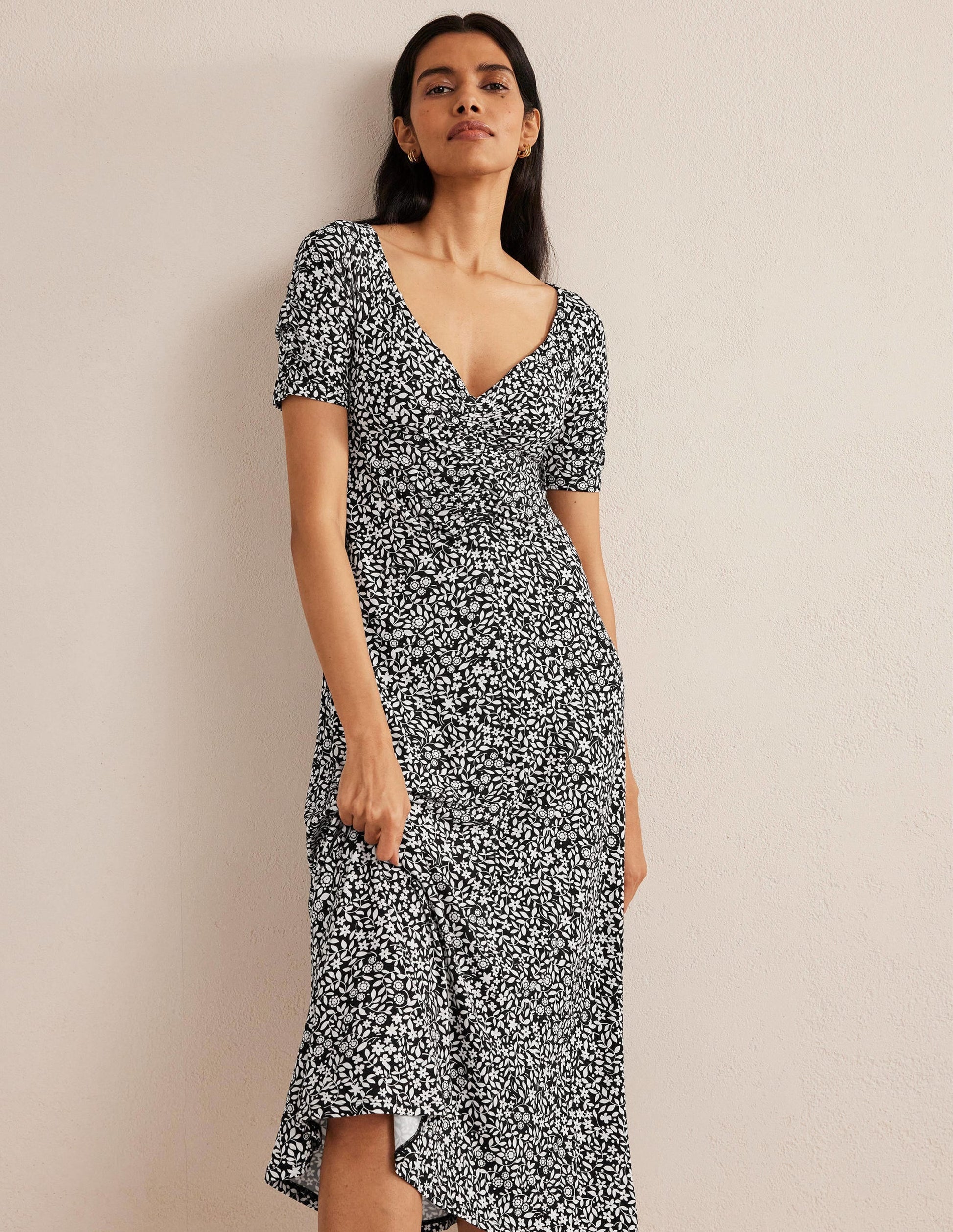 Ruched Front Jersey Midi Dress-Black, Sunflower Pop-1