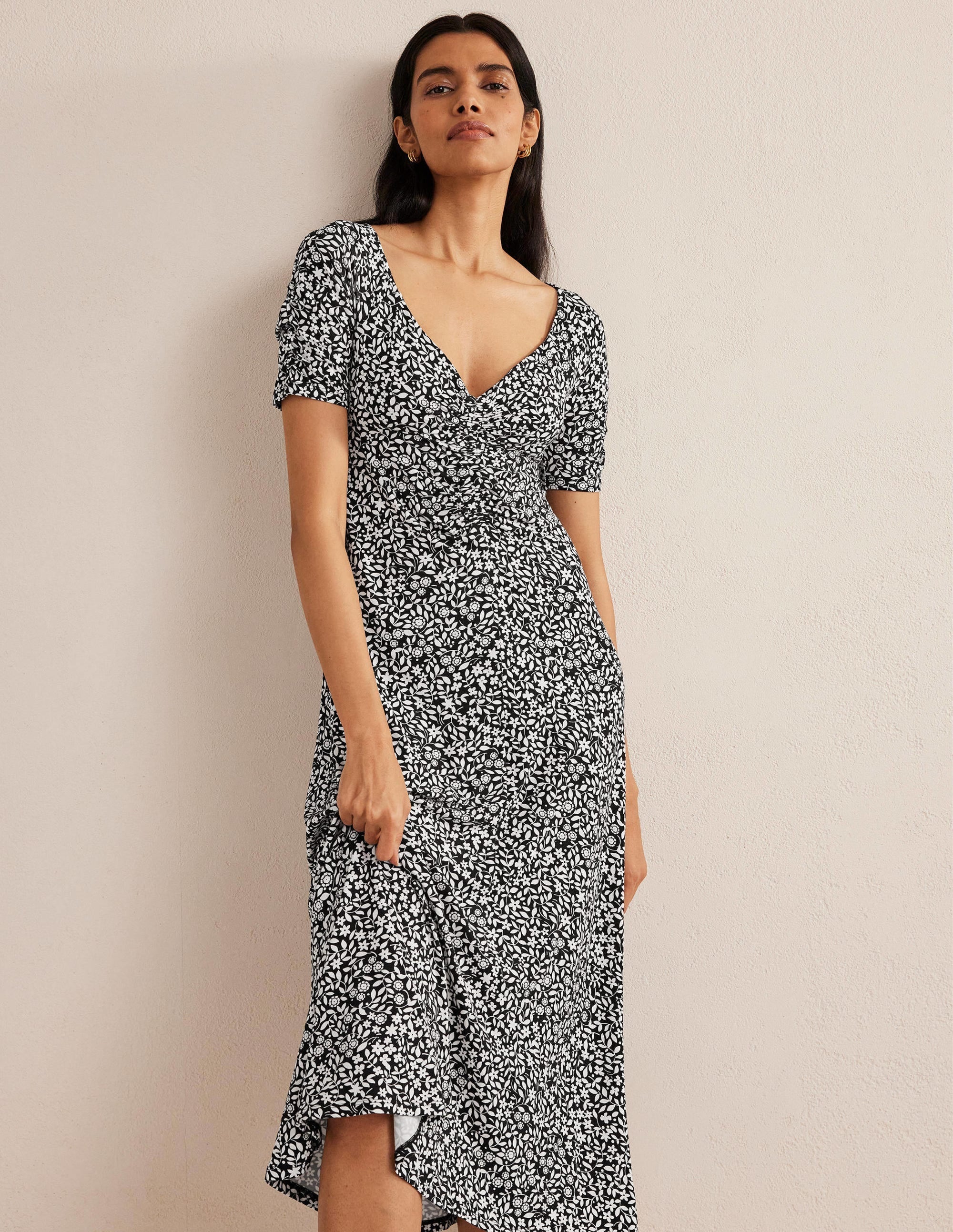 Ruched Front Jersey Midi Dress-Black, Sunflower Pop - Image 1
