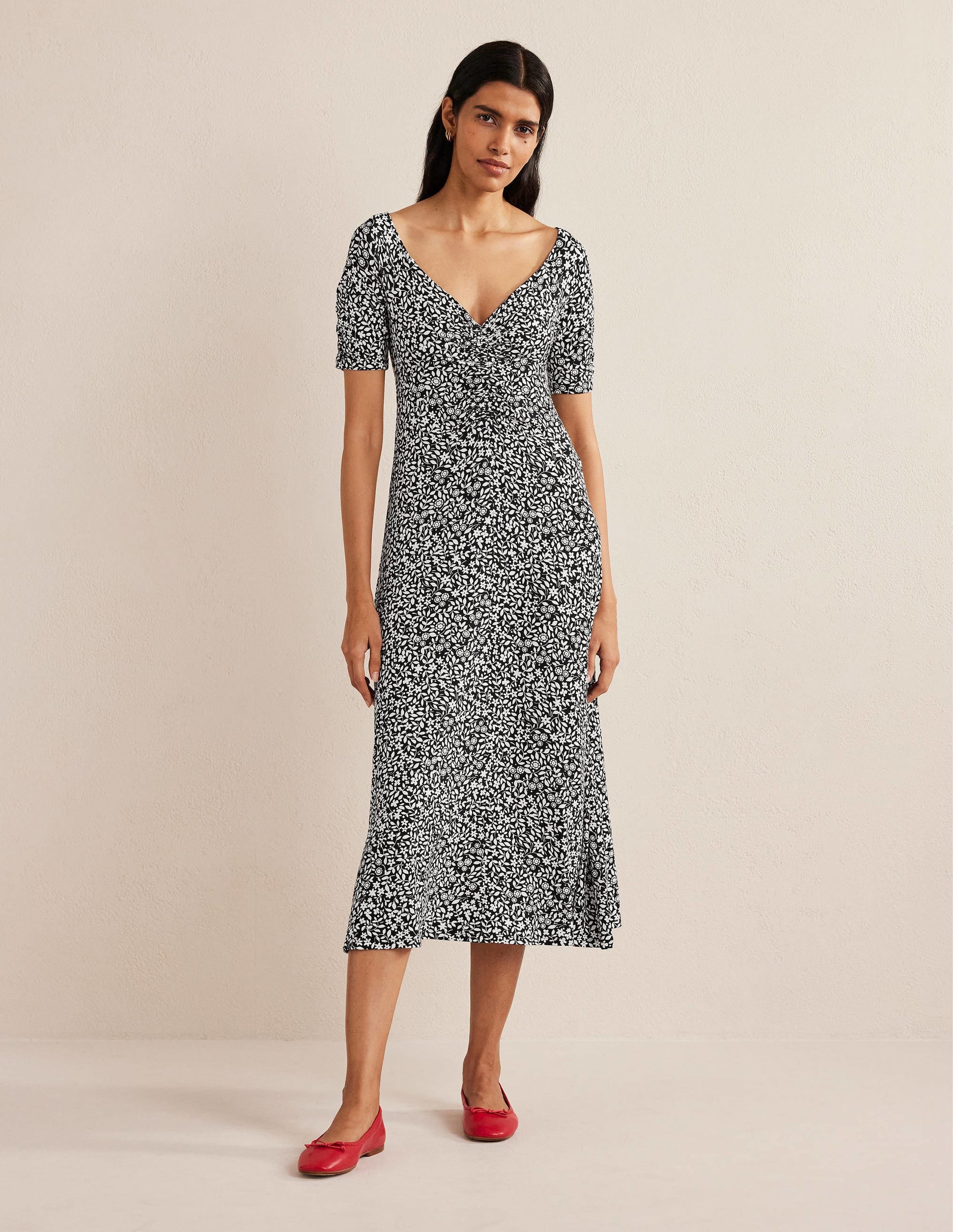 Ruched Front Jersey Midi Dress-Black, Sunflower Pop - Image 4
