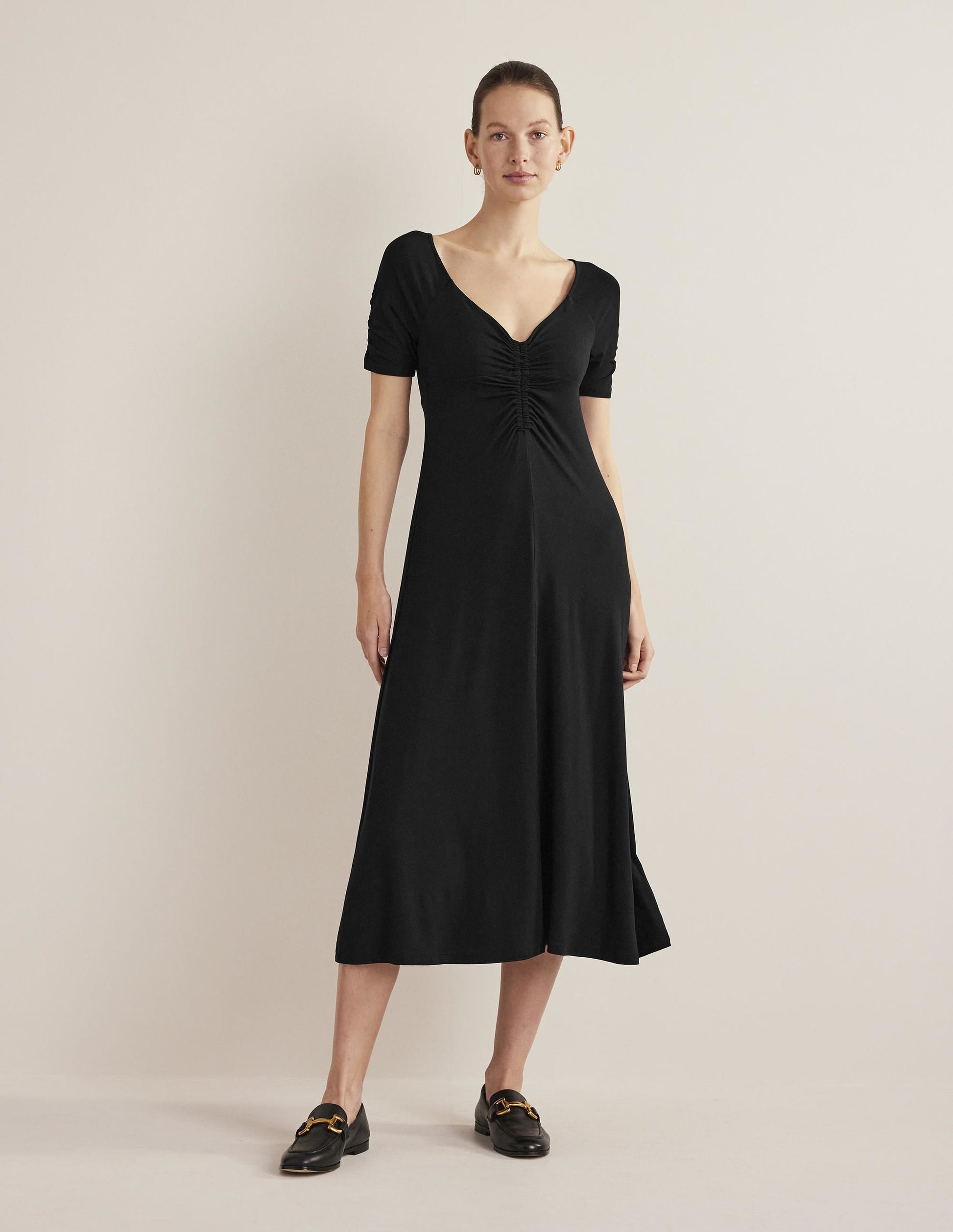 Ruched Front Jersey Midi Dress-Black-1