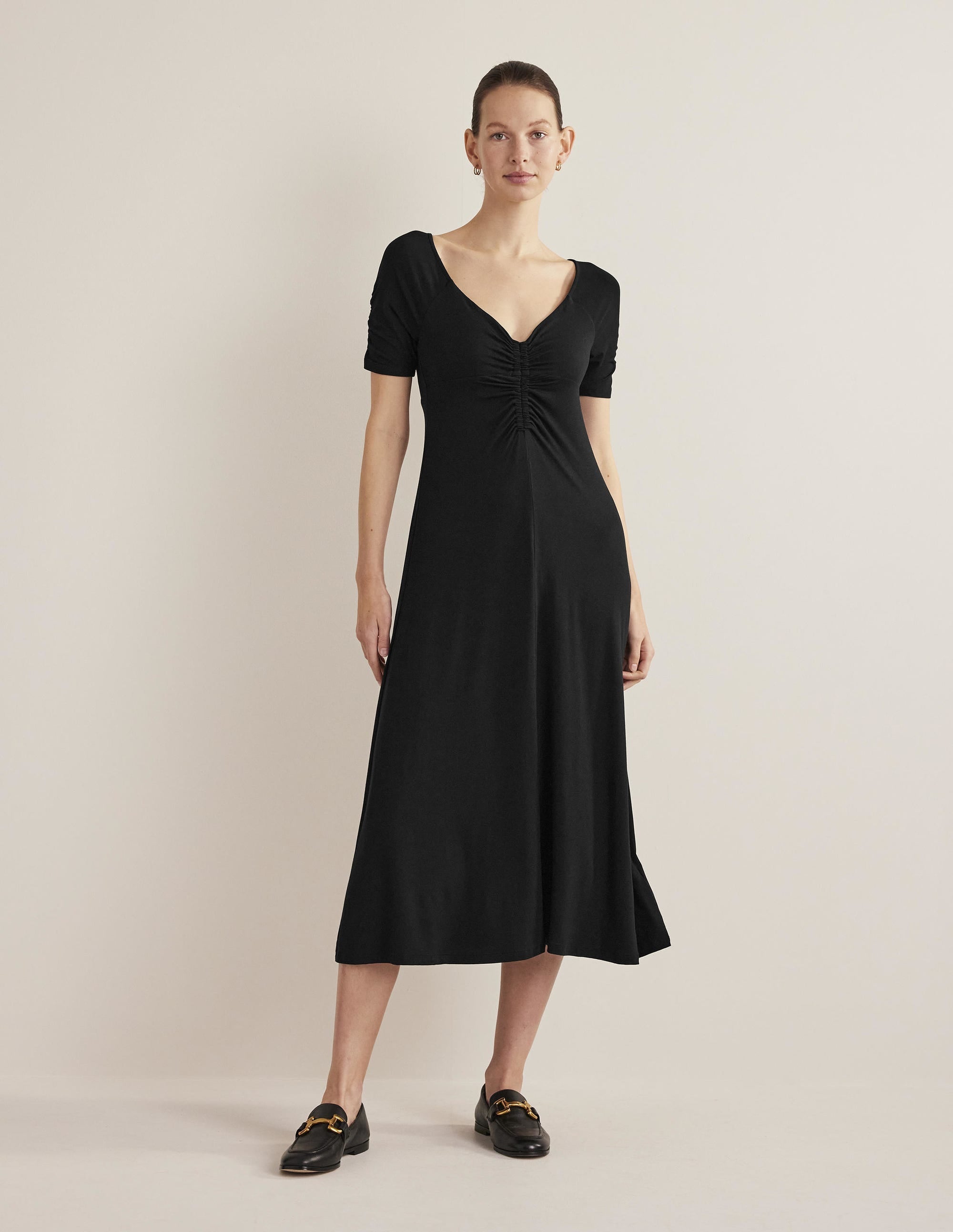 Ruched Front Jersey Midi Dress-Black - Image 1