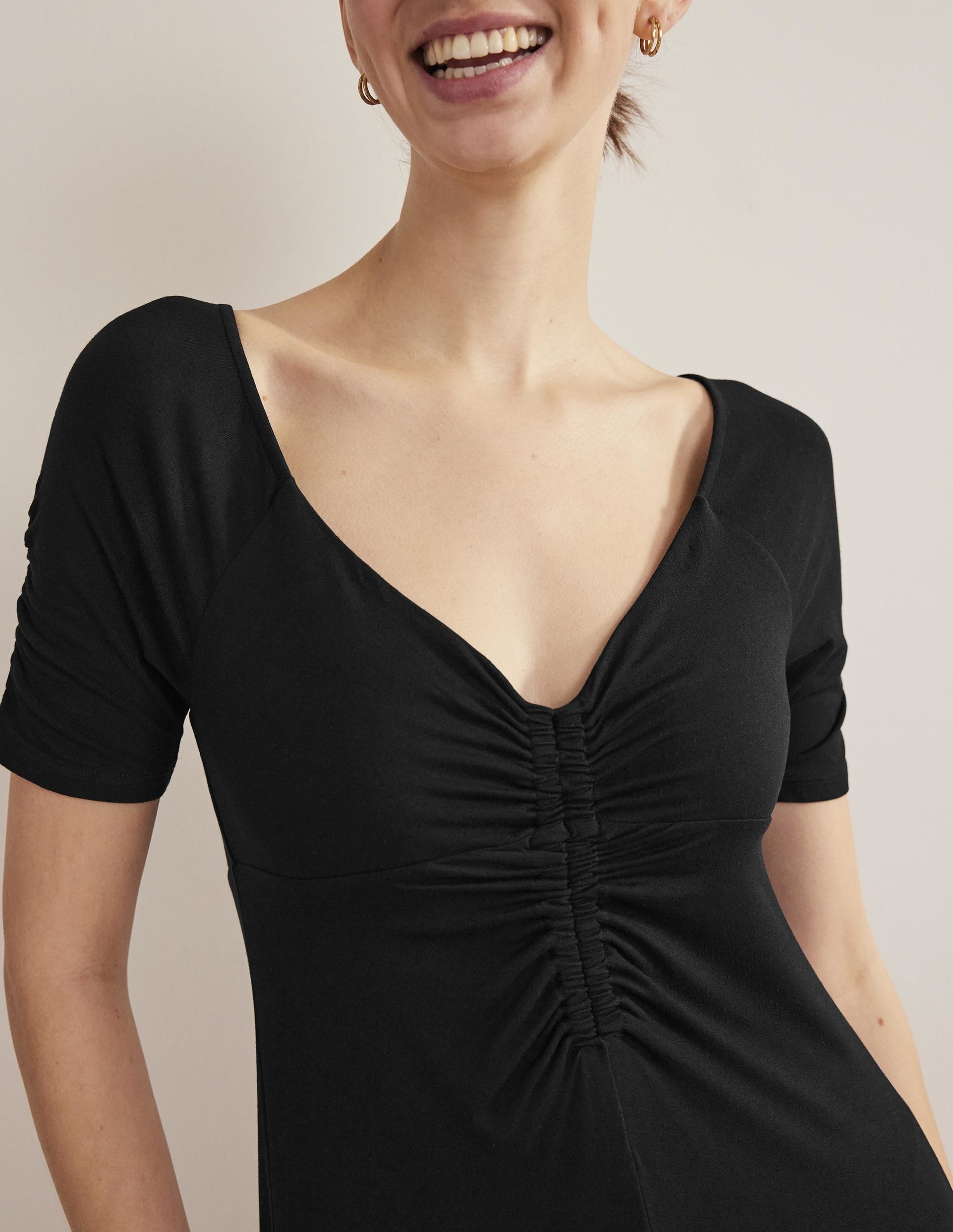 Ruched Front Jersey Midi Dress-Black-2