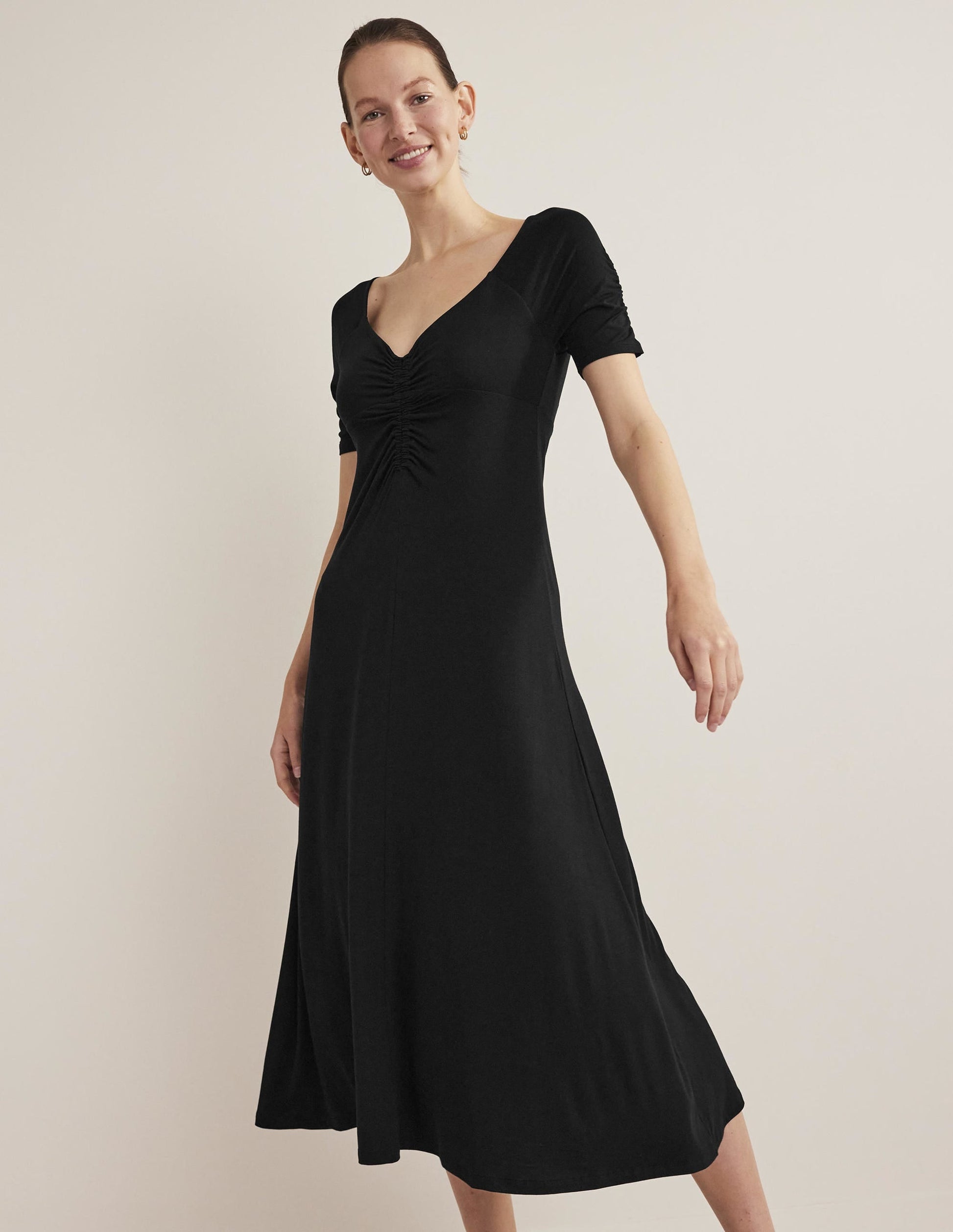 Ruched Front Jersey Midi Dress-Black-5