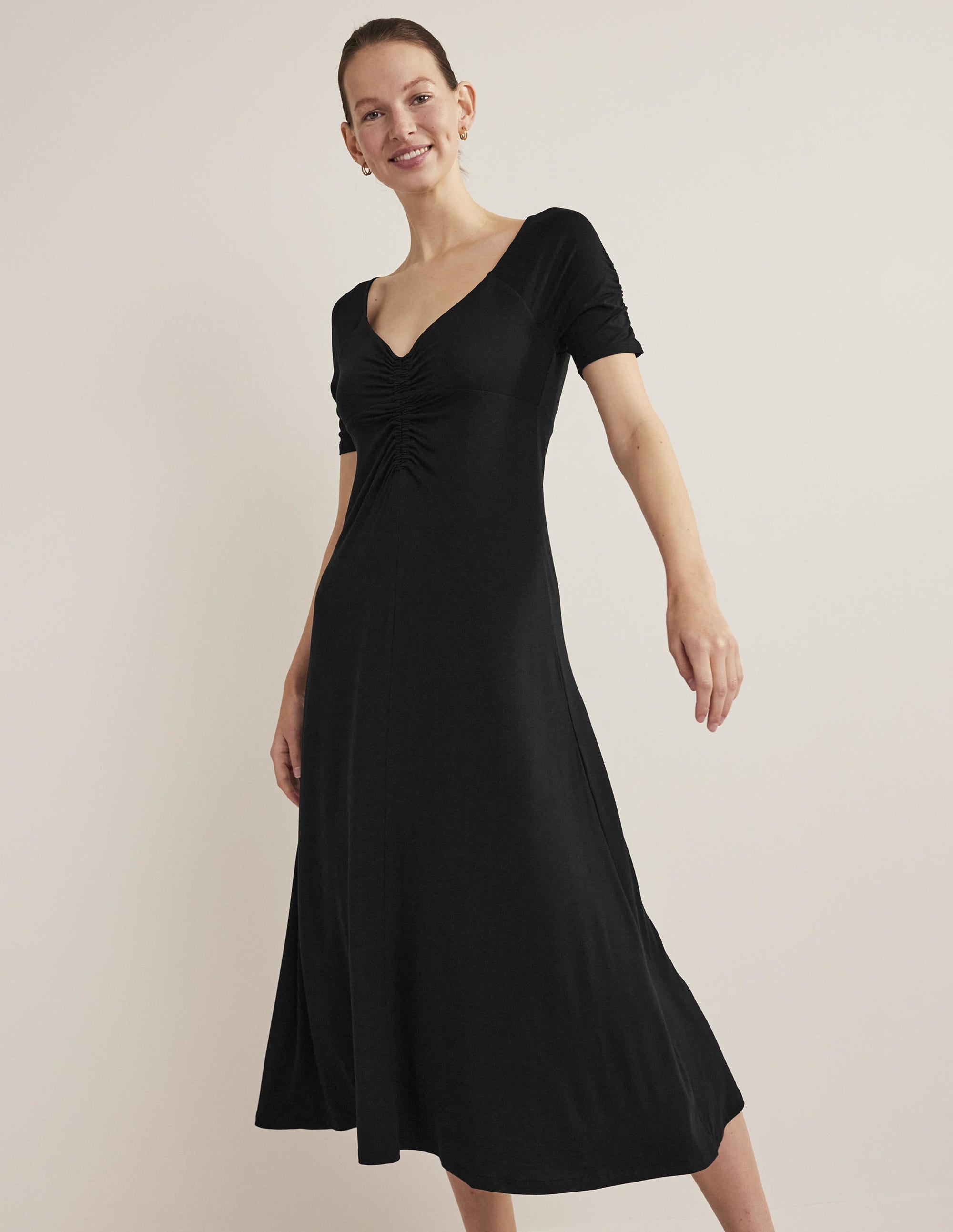 Ruched Front Jersey Midi Dress-Black - Image 5