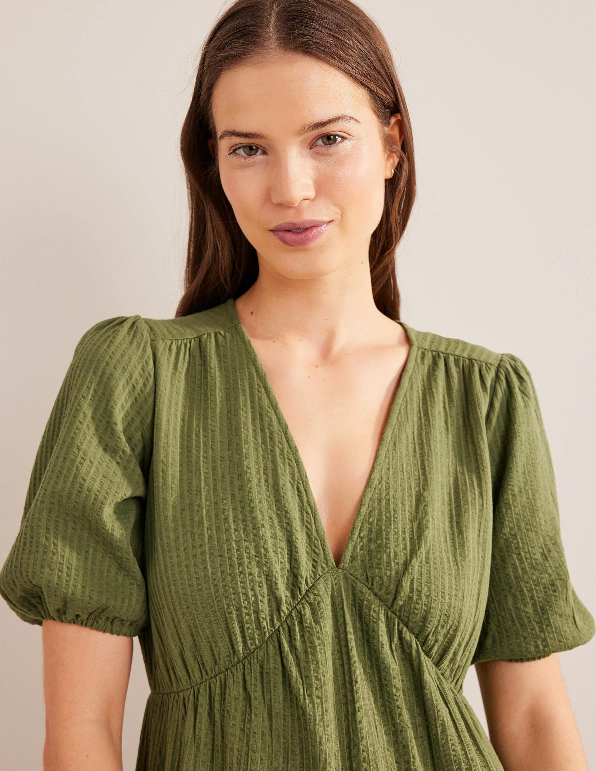 Jersey Seersucker Midi Dress-Washed Khaki-2