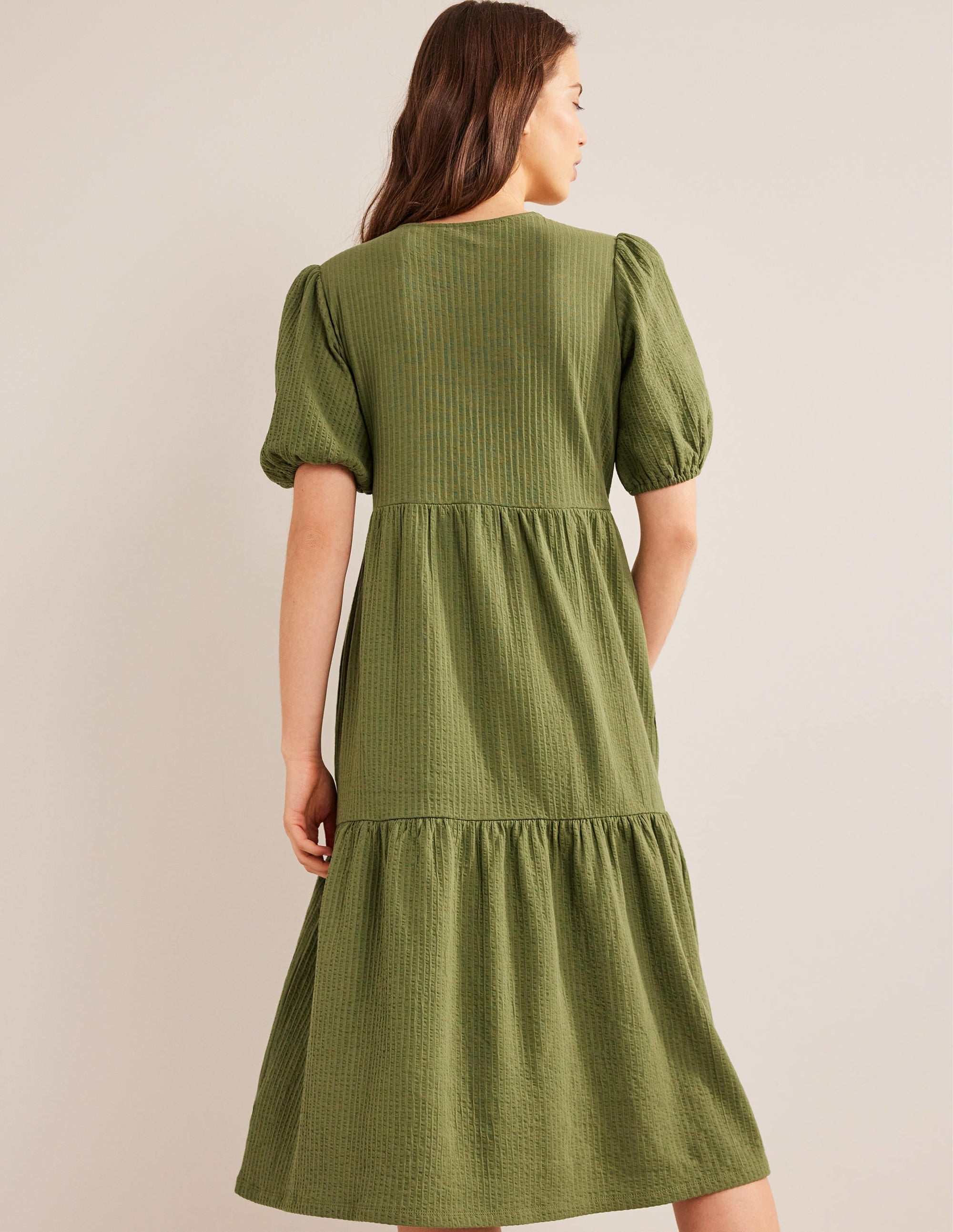 Jersey Seersucker Midi Dress-Washed Khaki - Image 3