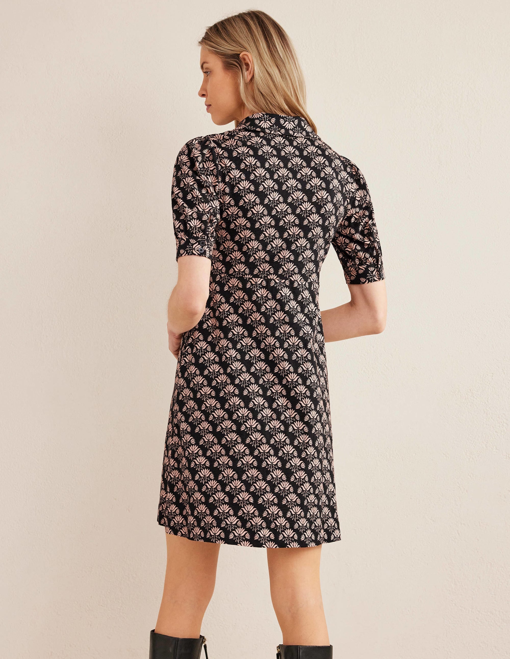 Button Jersey Mini Tea Dress-Black, Passion Stamp - Image 3