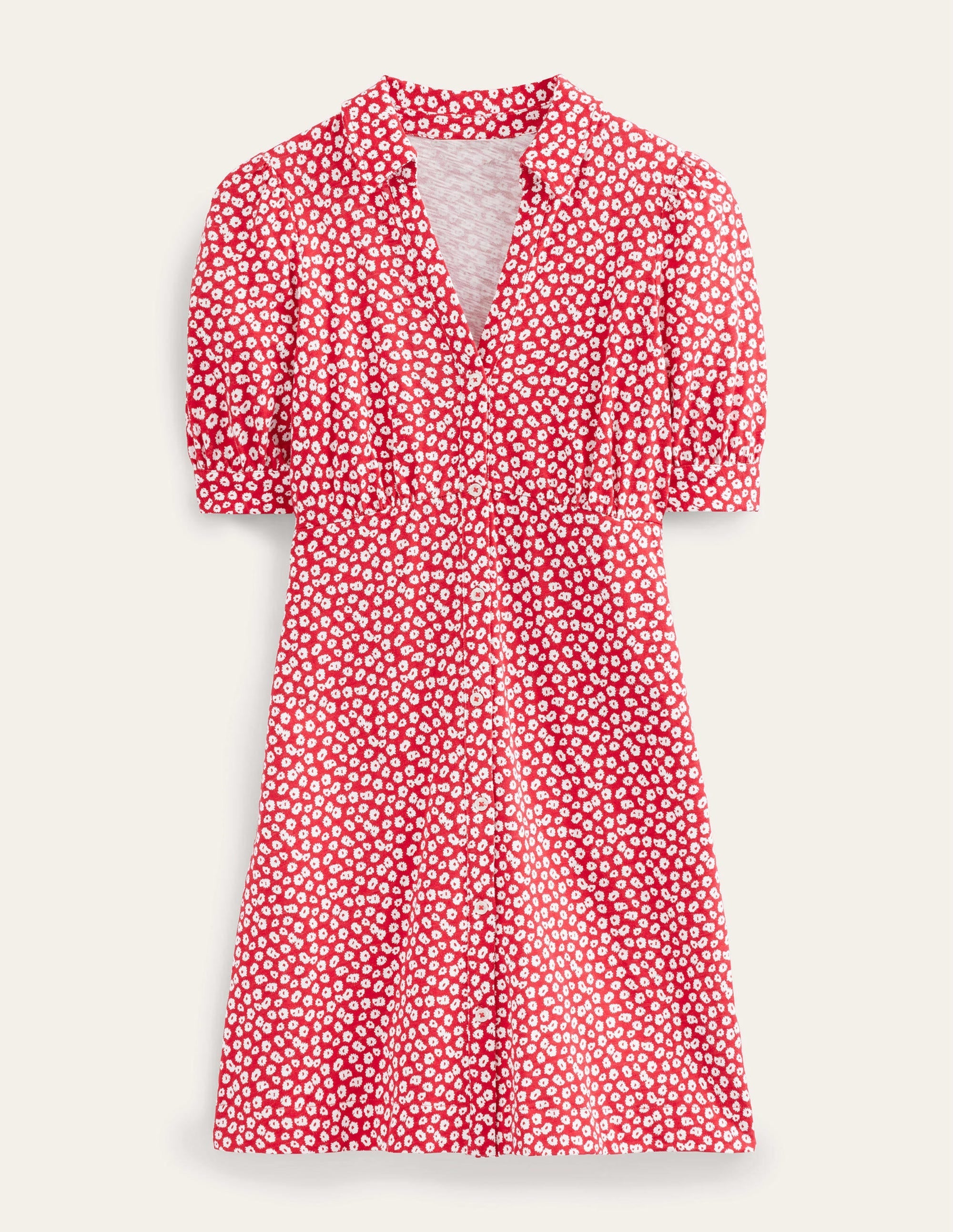 Button Jersey Mini Tea Dress-Jalapeno Red, Peony Stamp - Image 5