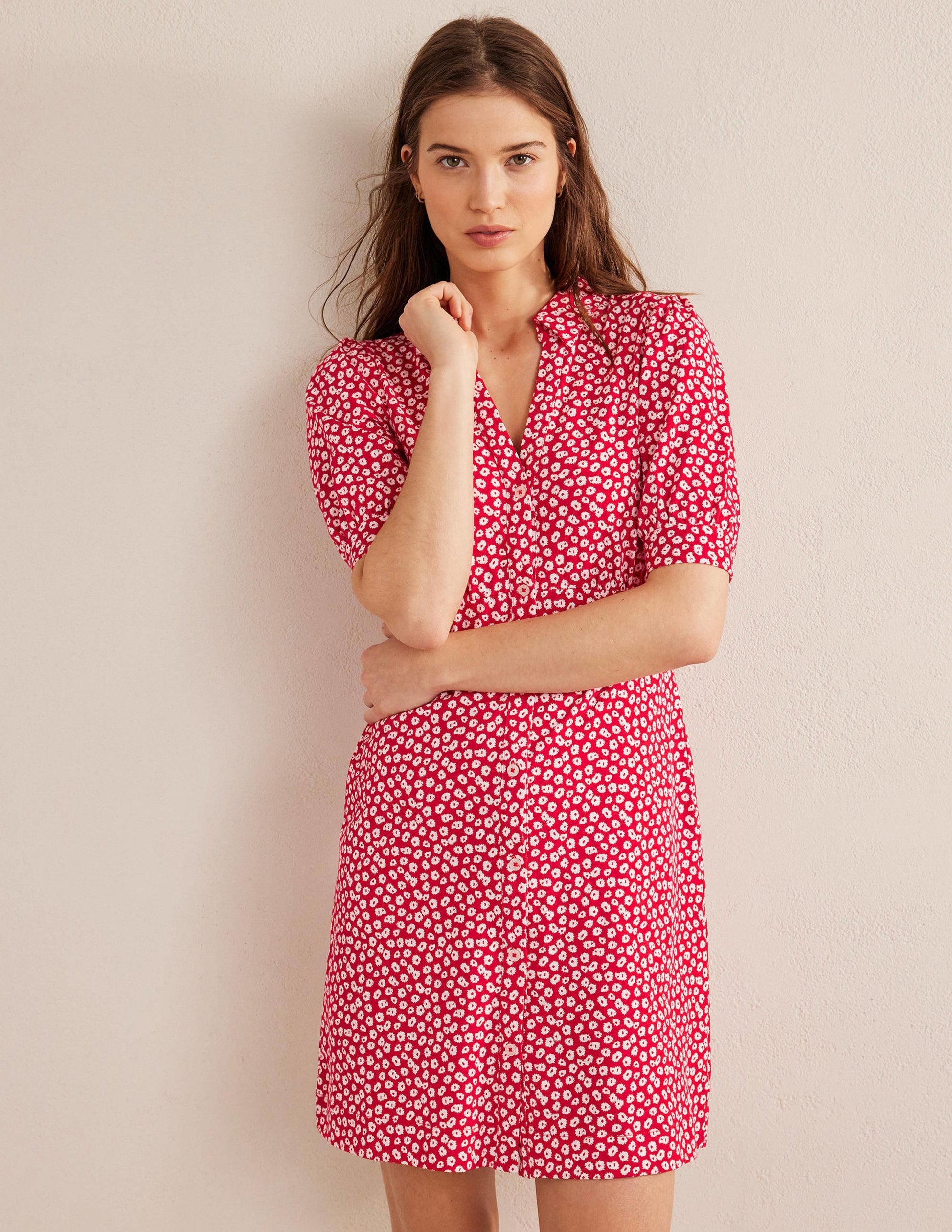 Button Jersey Mini Tea Dress-Jalapeno Red, Peony Stamp-1