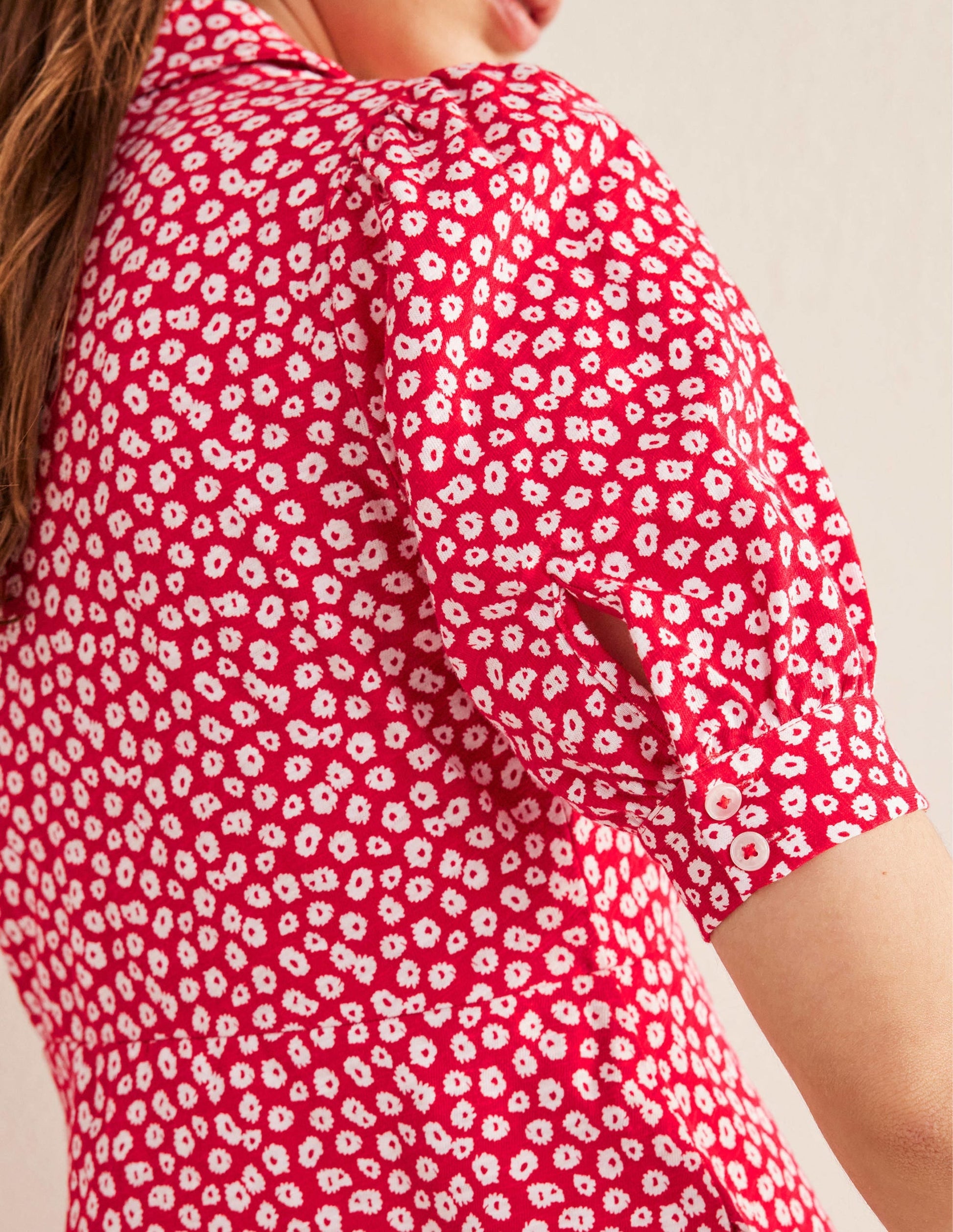Button Jersey Mini Tea Dress-Jalapeno Red, Peony Stamp-2