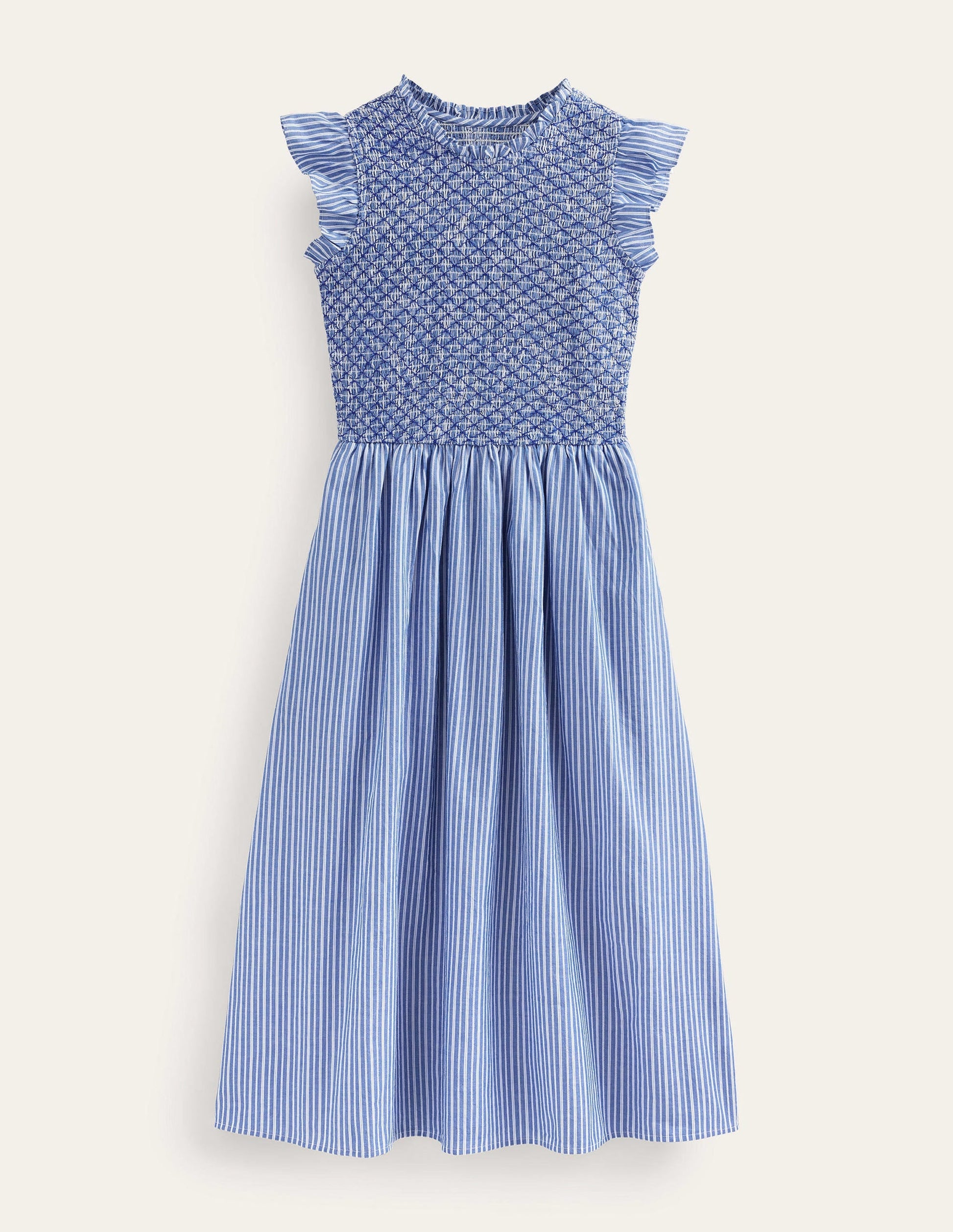 Smocked Bodice Midi Dress-Mid Blue, Leno Stripe-5