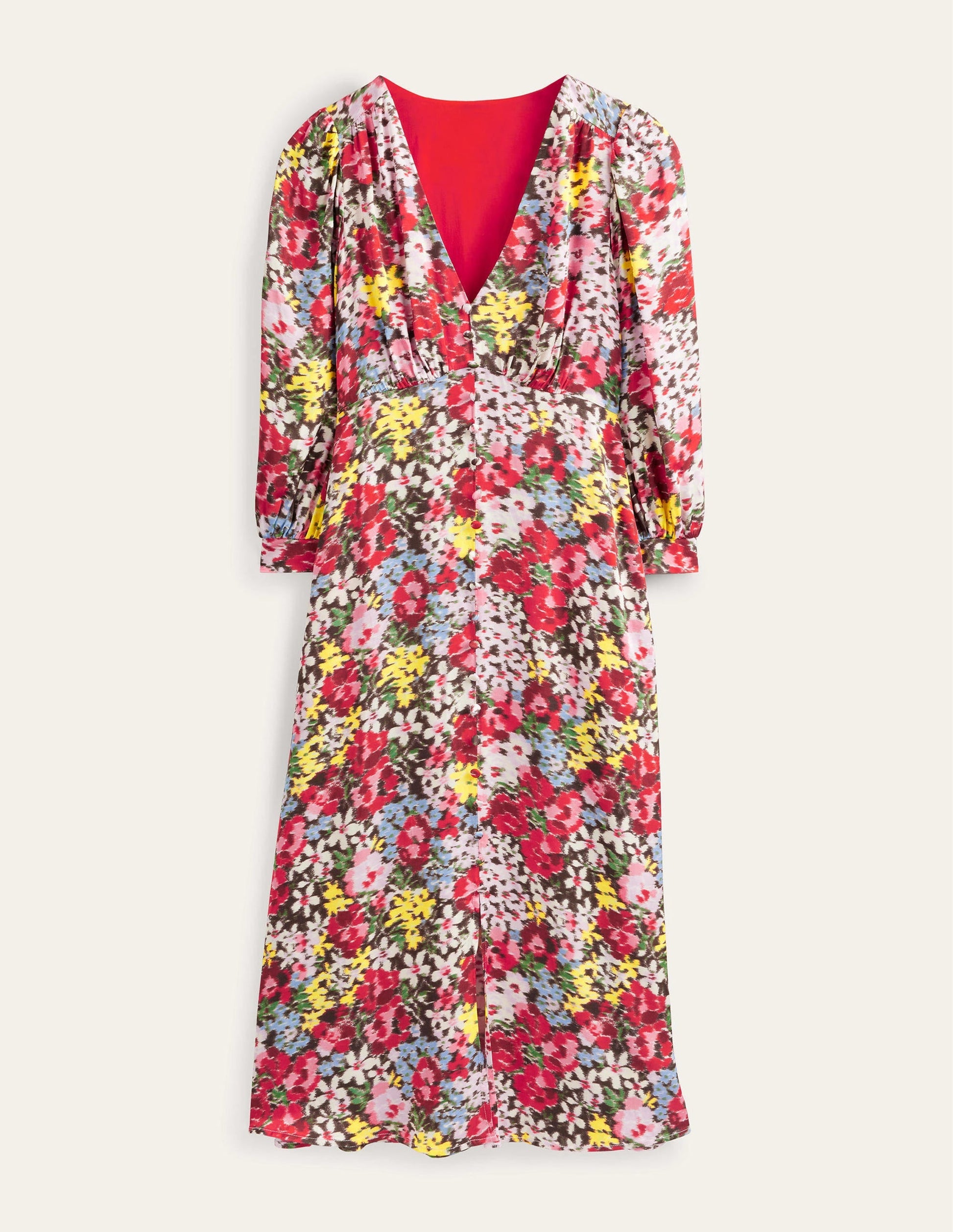Button Detail Satin Tea Dress-Multi, Moire Bloom-5