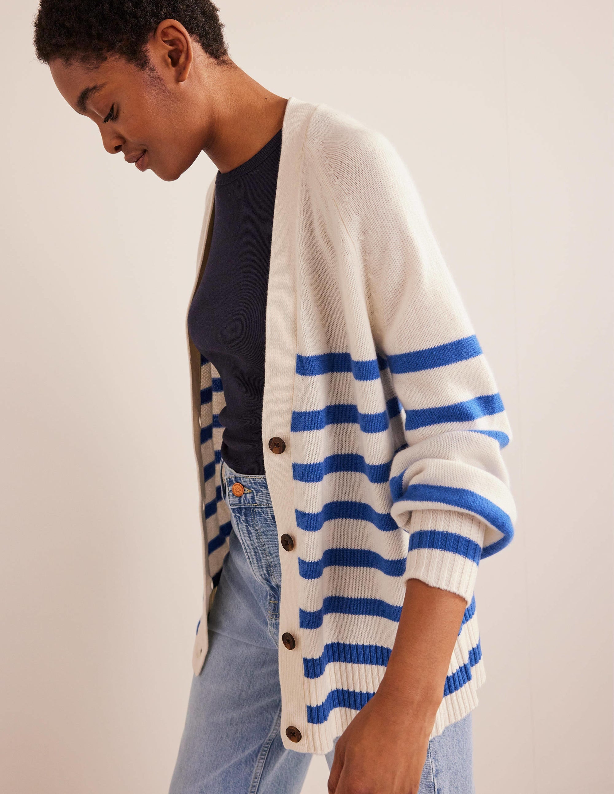 Long Cashmere Cardigan-Ivory, Bright Blue Stripe - Image 1