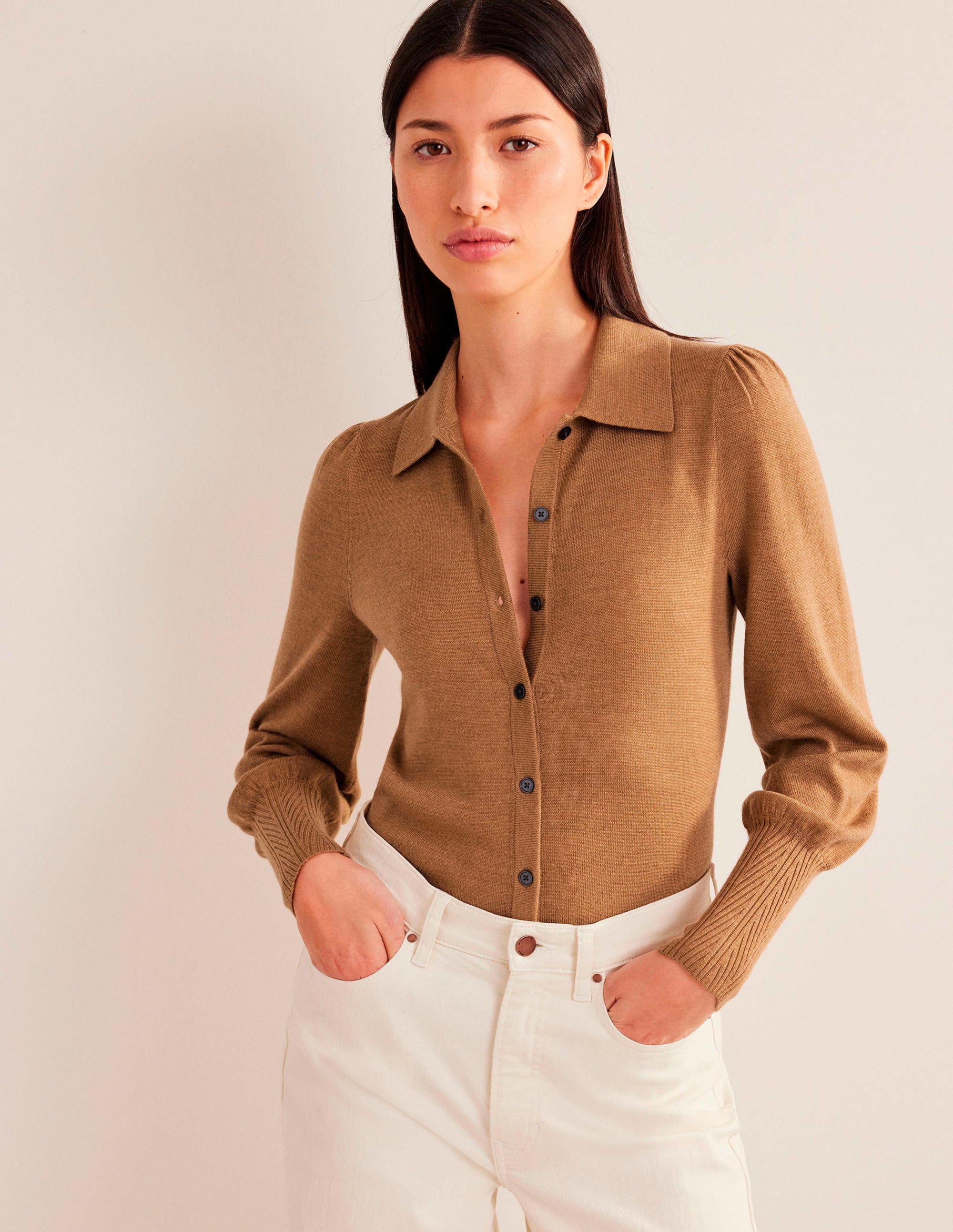 Merino Detail Cuff  Shirt-Camel Melange - Image 1