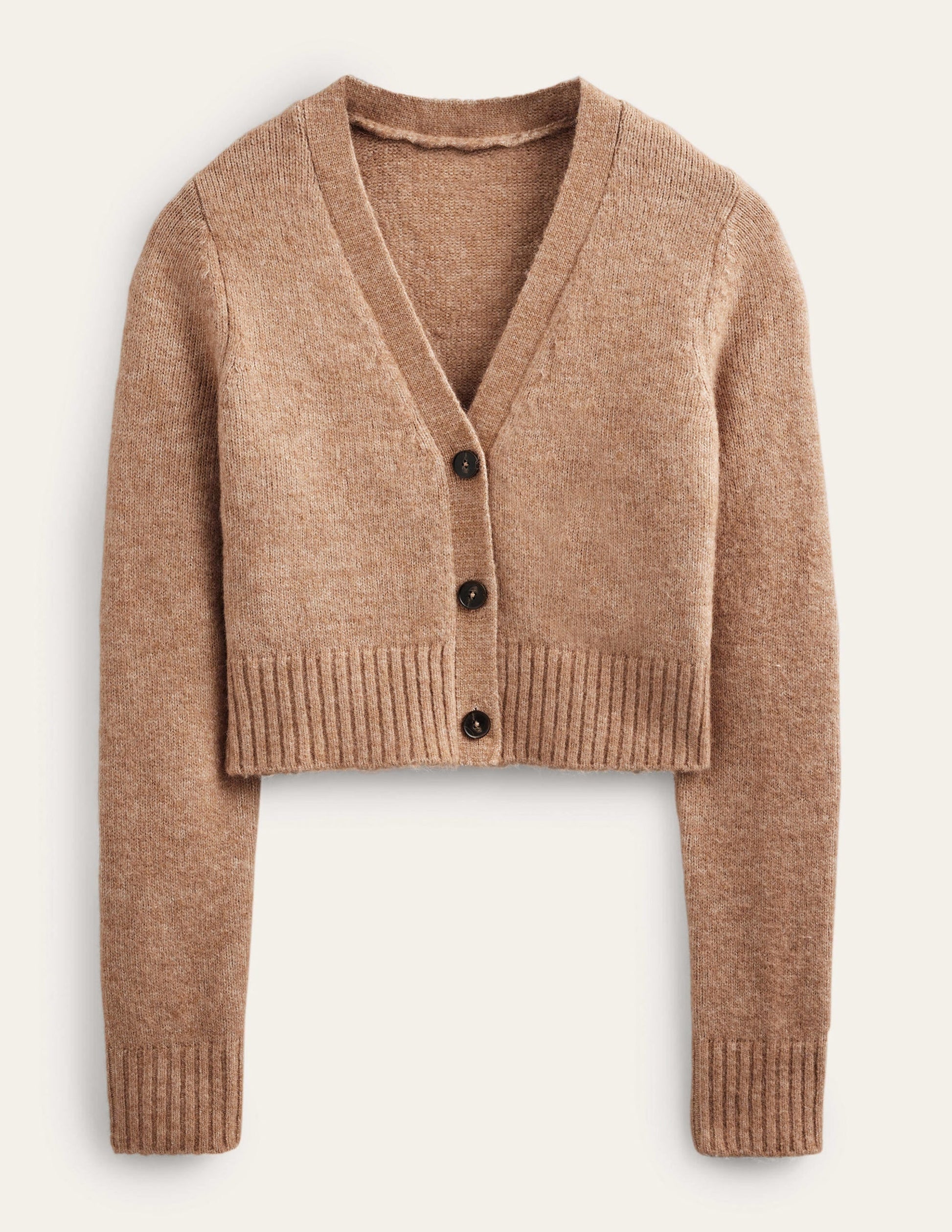 Fluffy Cropped V-Neck Cardigan-Camel Melange-6