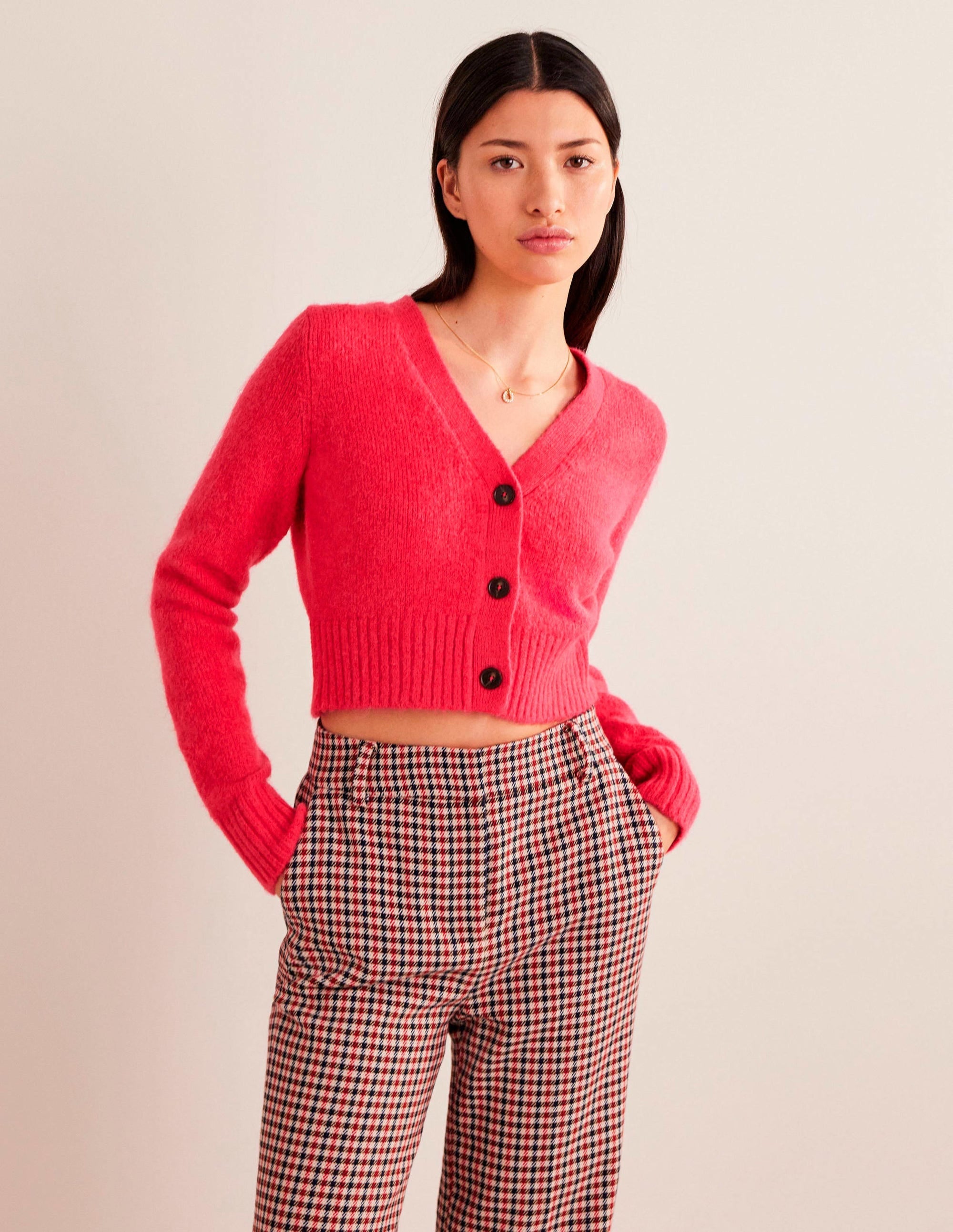 Fluffy Cropped V-Neck Cardigan-Virtual Pink - Image 1