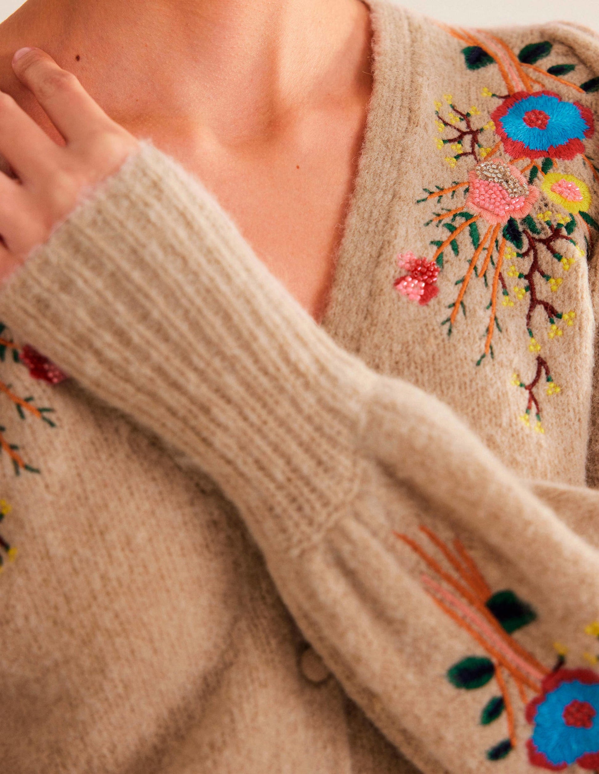 Fluffy Floral Detail Cardigan-Chinchilla Melange Floral-2