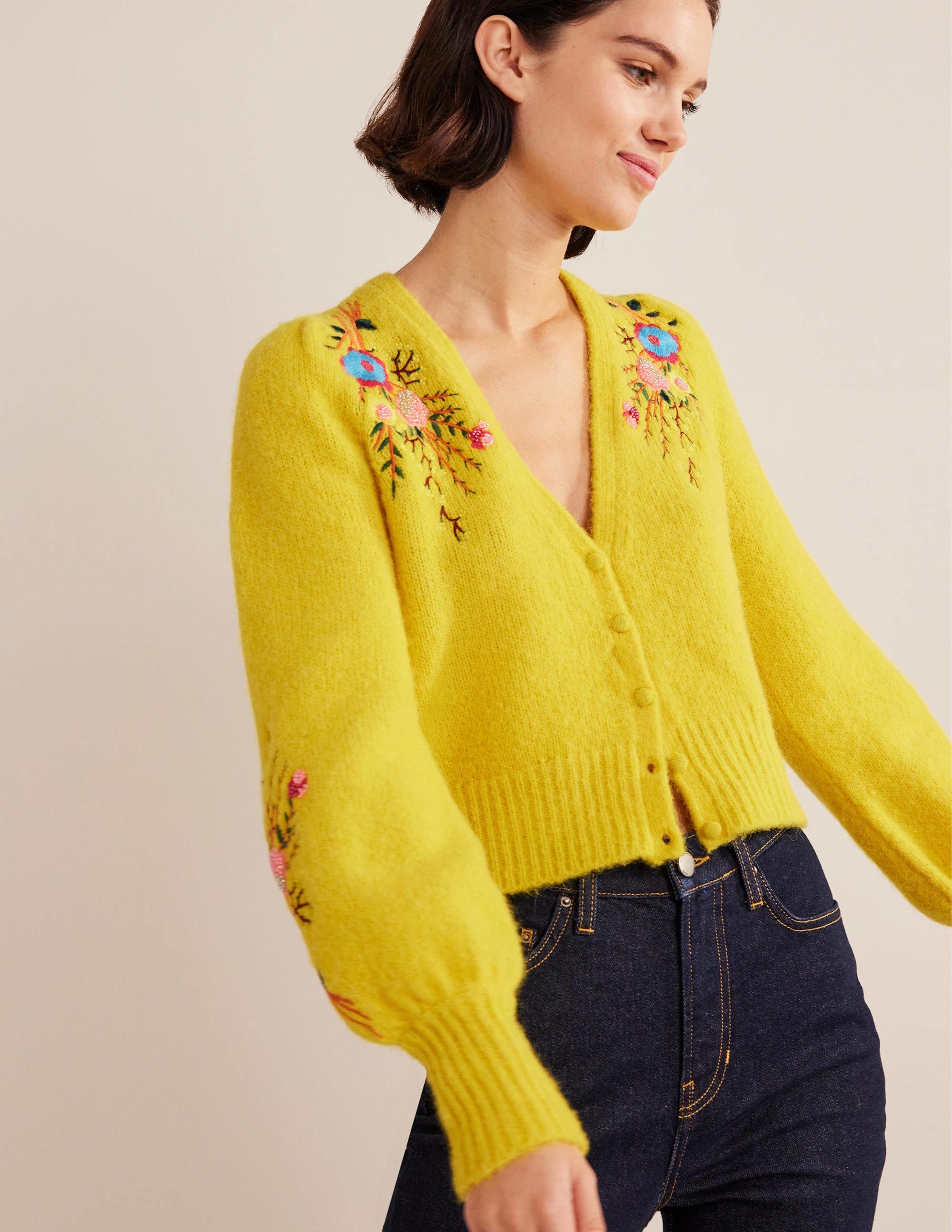 Fluffy Floral Detail Cardigan-Filigree Yellow Floral - Image 5