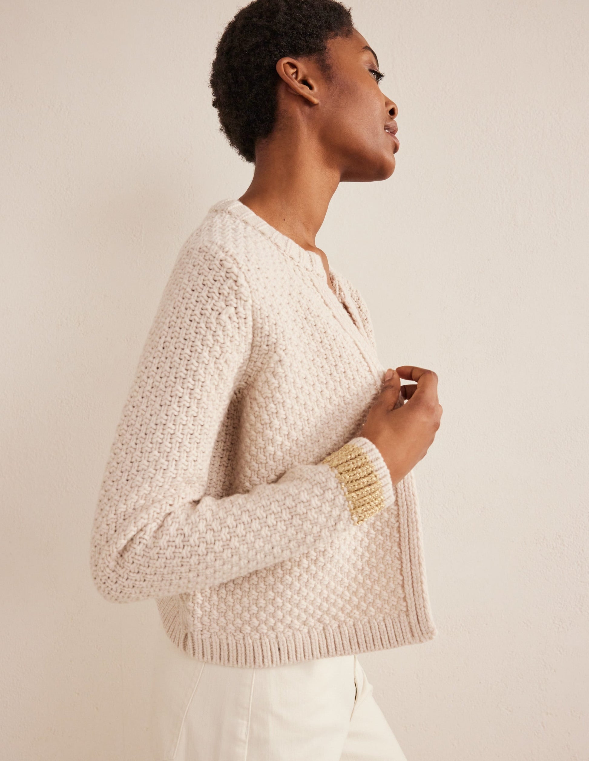 Textured Chunky Wool Cardigan-Shearling, Gold-6